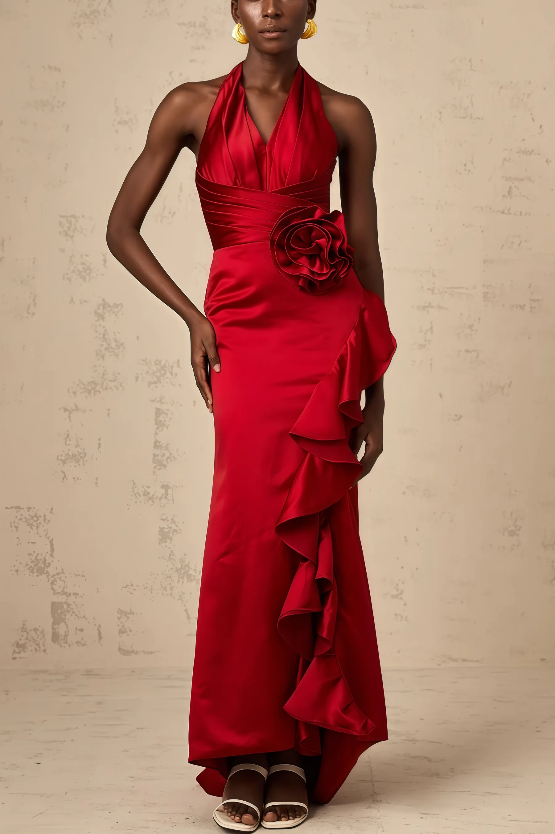 Caiusa Red 3D Floral Ruffle Maxi Dress