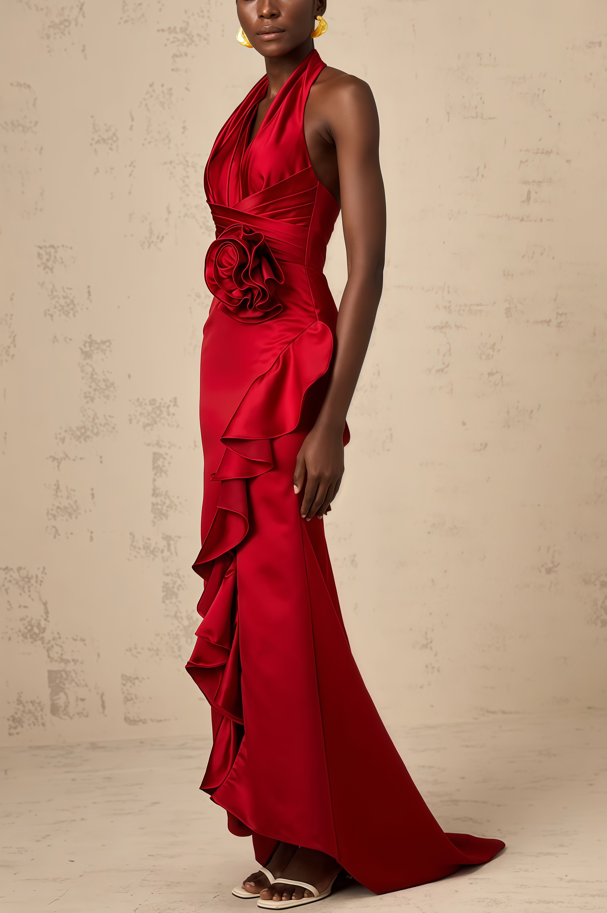 Caiusa Red 3D Floral Ruffle Maxi Dress