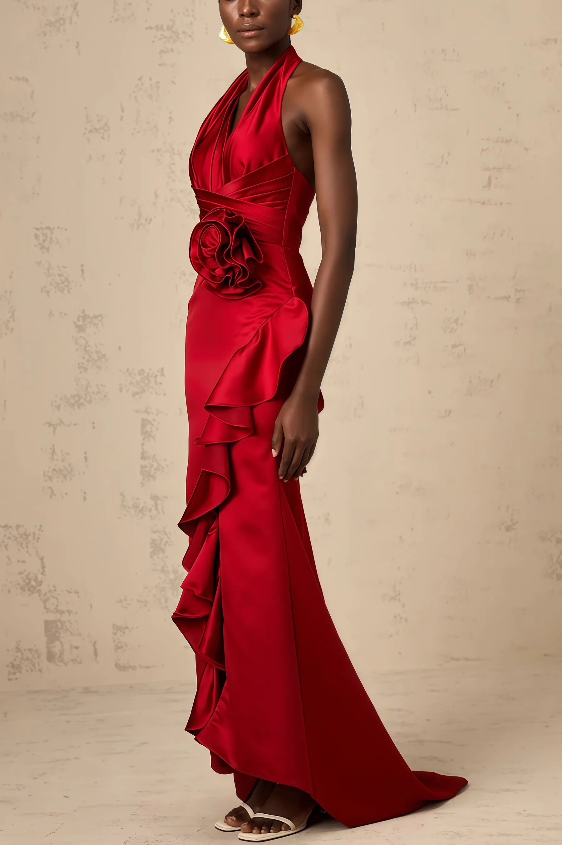 Caiusa Red 3D Floral Ruffle Maxi Dress