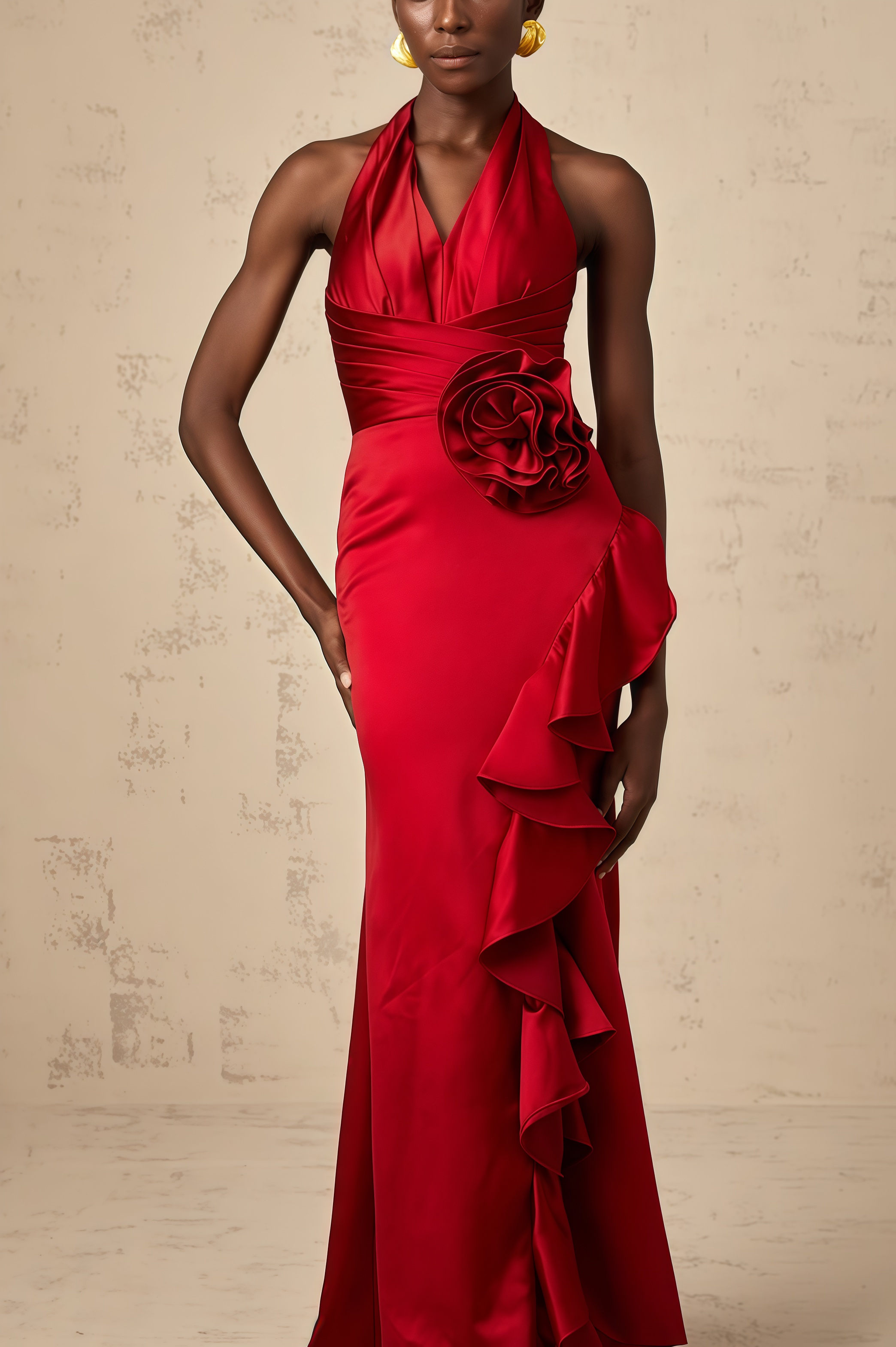 Caiusa Red 3D Floral Ruffle Maxi Dress