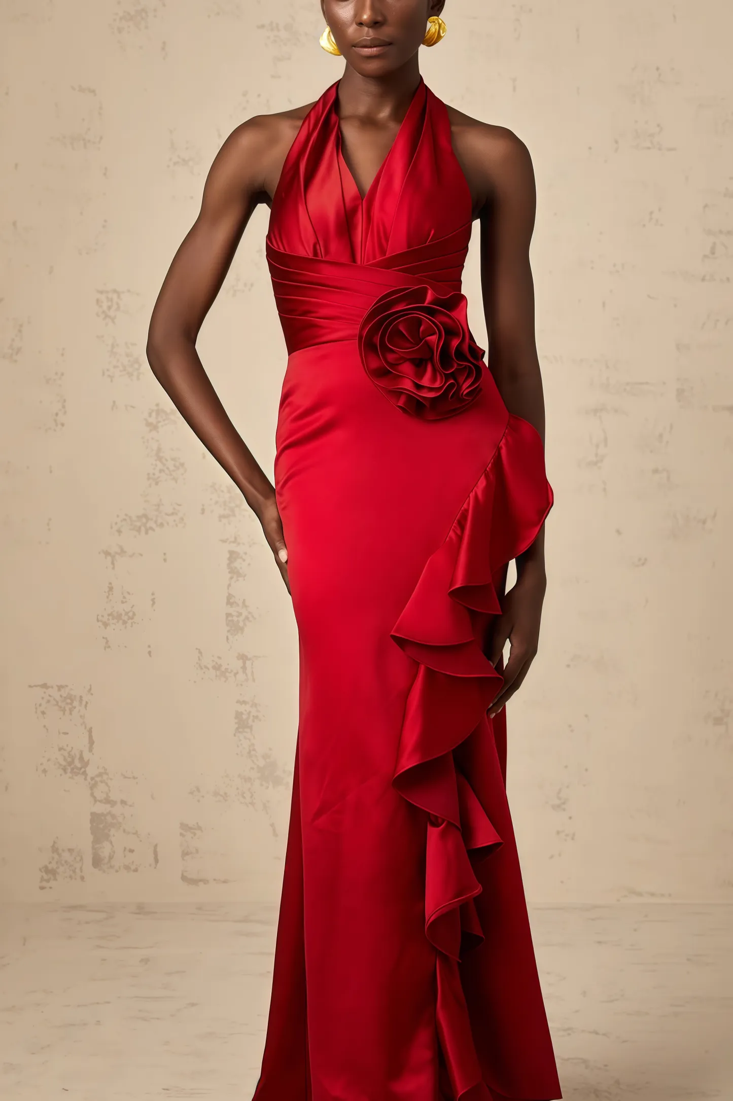Caiusa Red 3D Floral Ruffle Maxi Dress