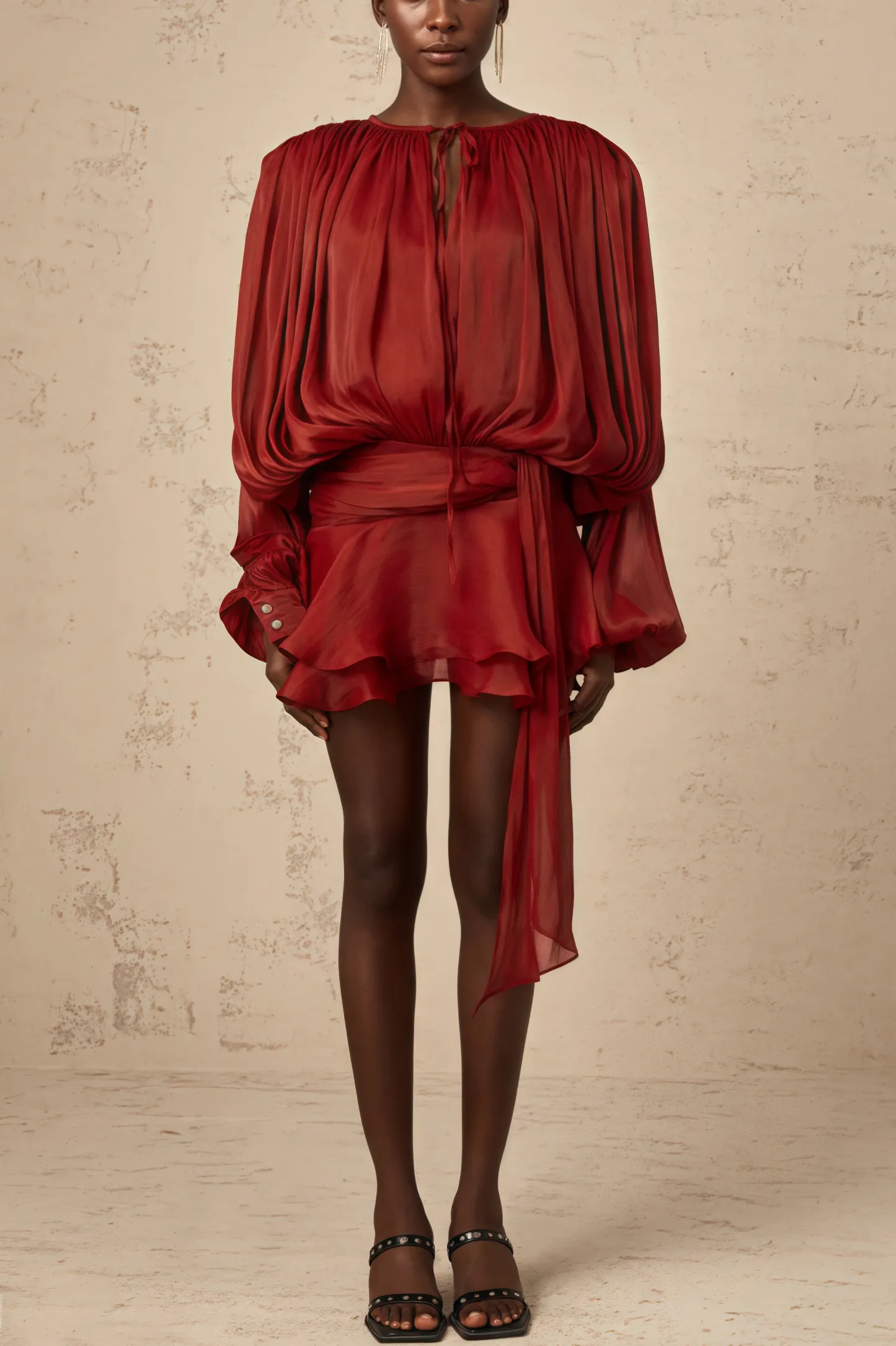 Theodosia Red Pleated Ruffle Mini Dress
