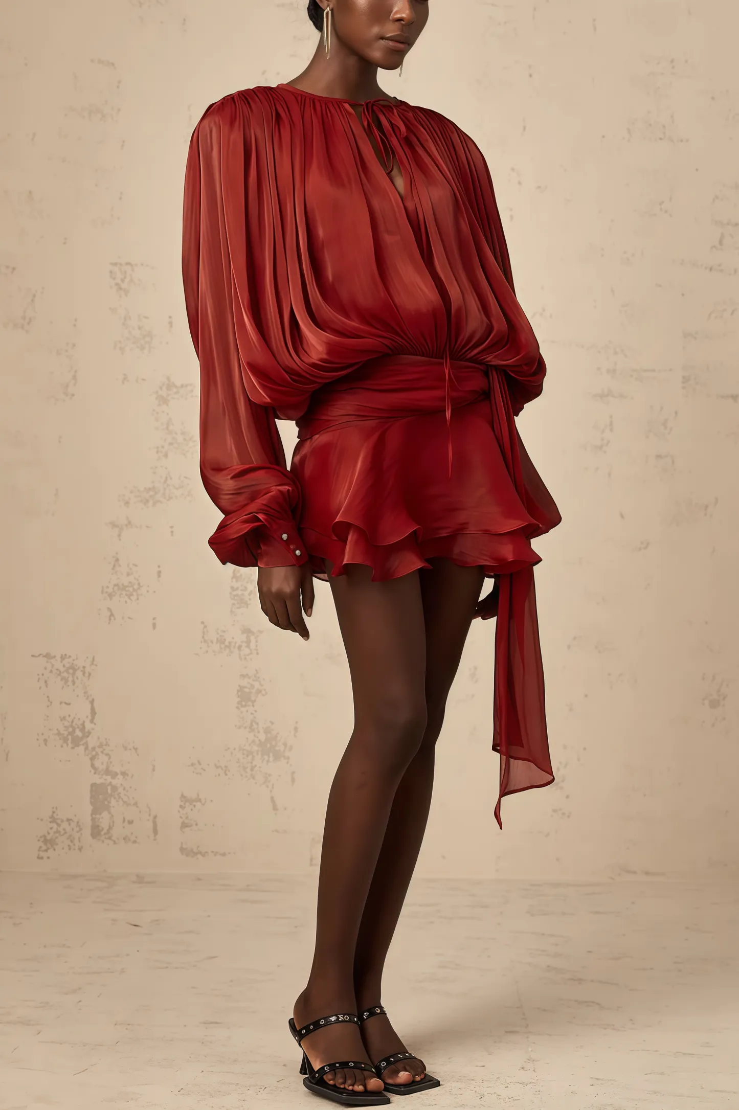 Theodosia Red Pleated Ruffle Mini Dress