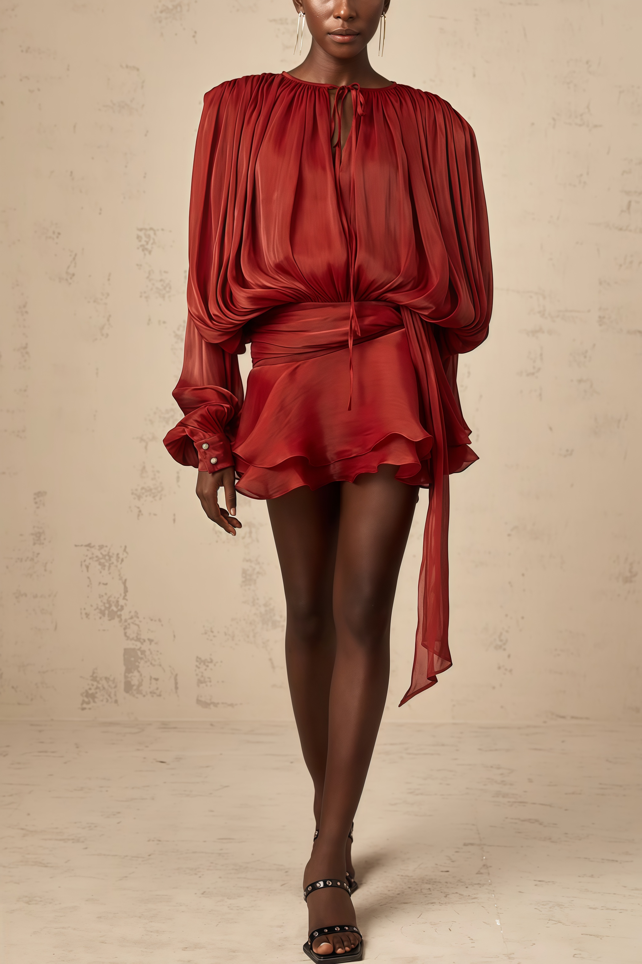 Theodosia Red Pleated Ruffle Mini Dress