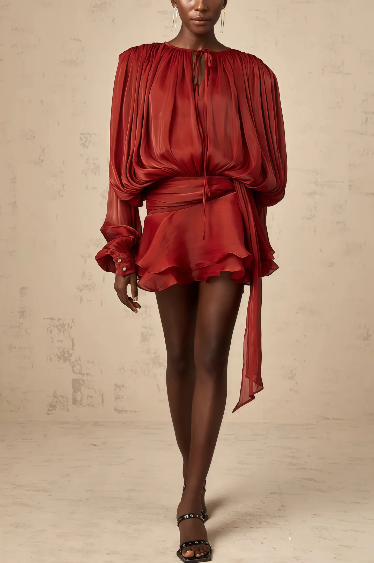 Theodosia Red Pleated Ruffle Mini Dress