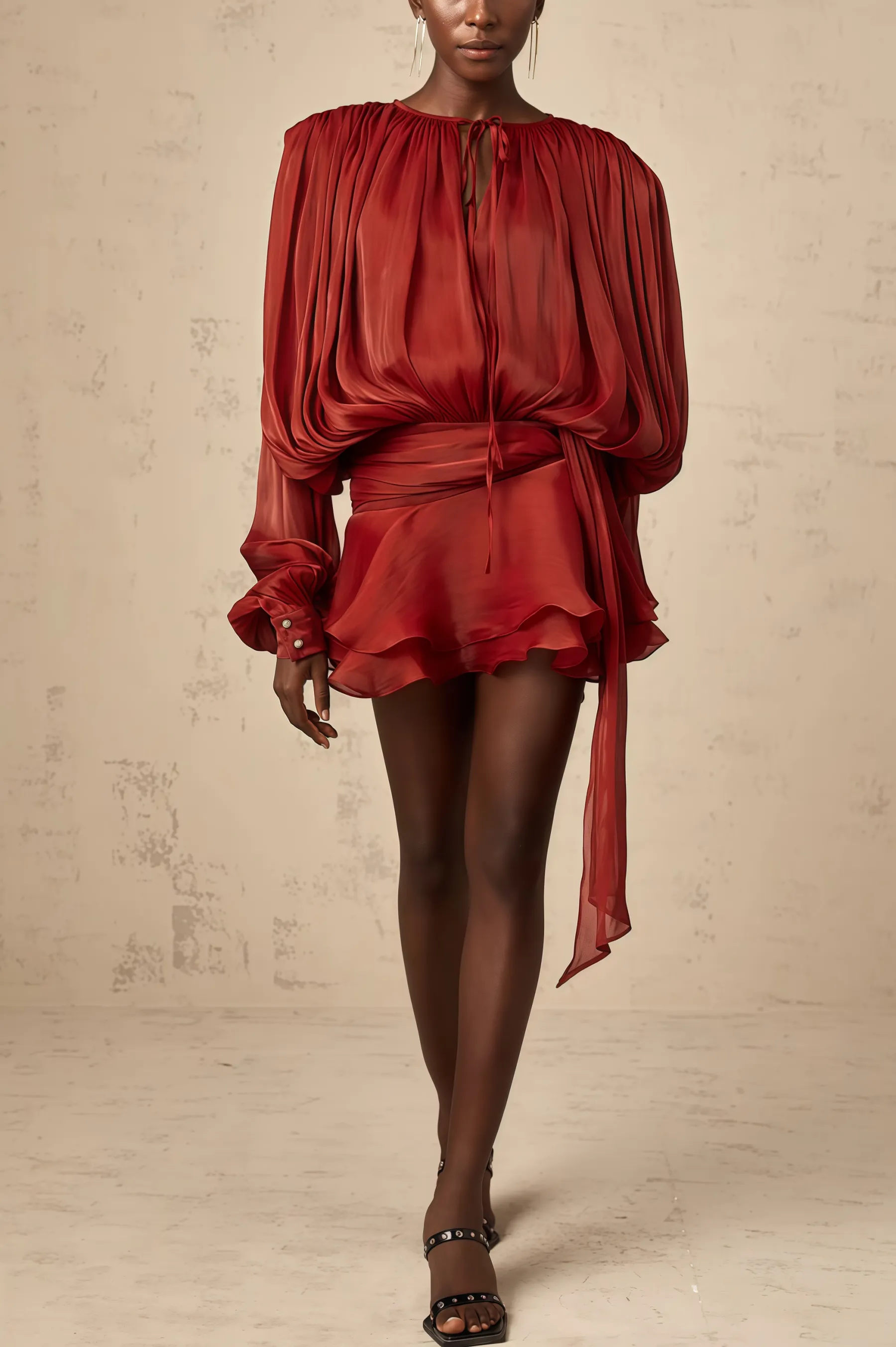 Theodosia Red Pleated Ruffle Mini Dress