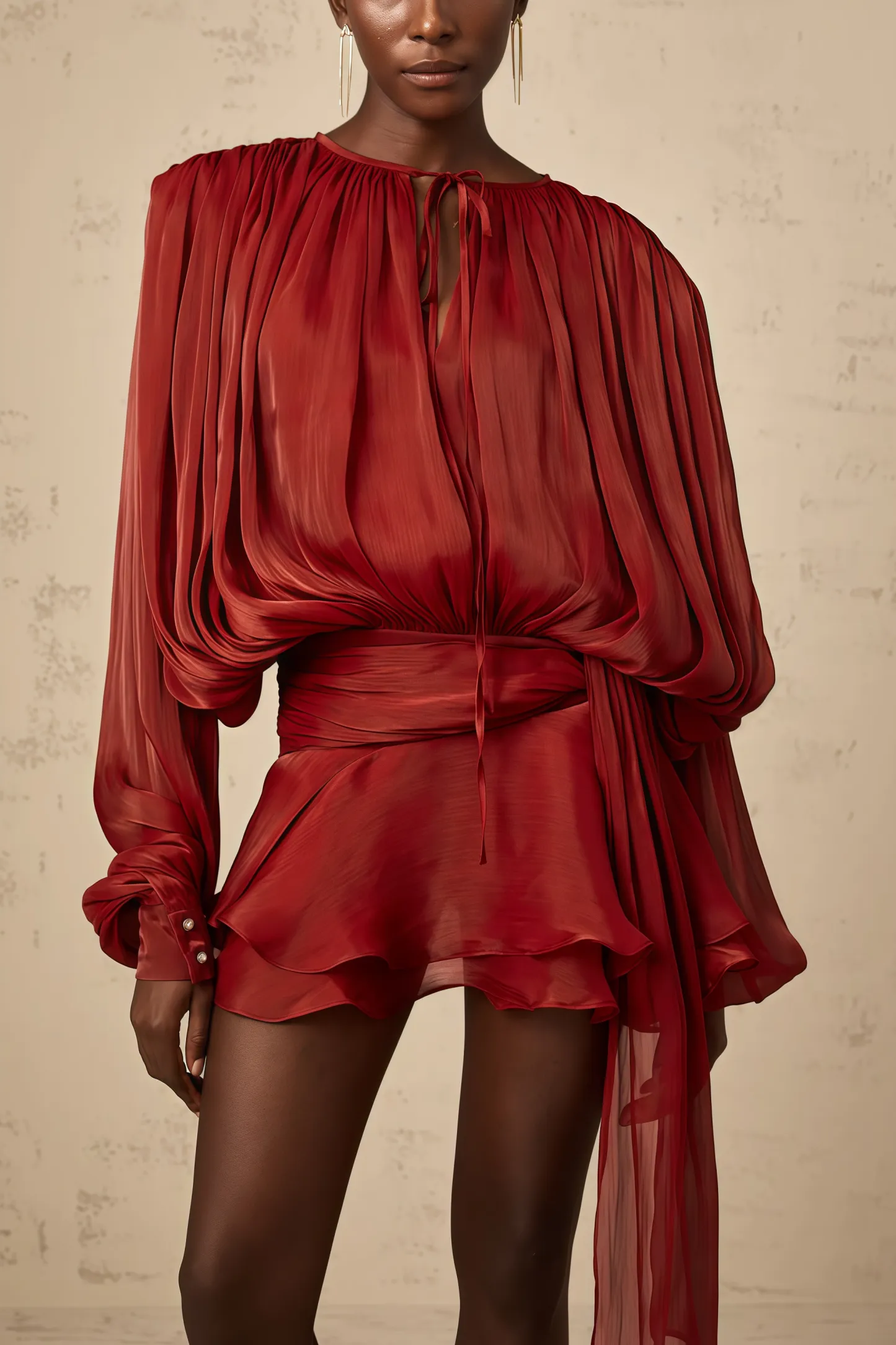 Theodosia Red Pleated Ruffle Mini Dress
