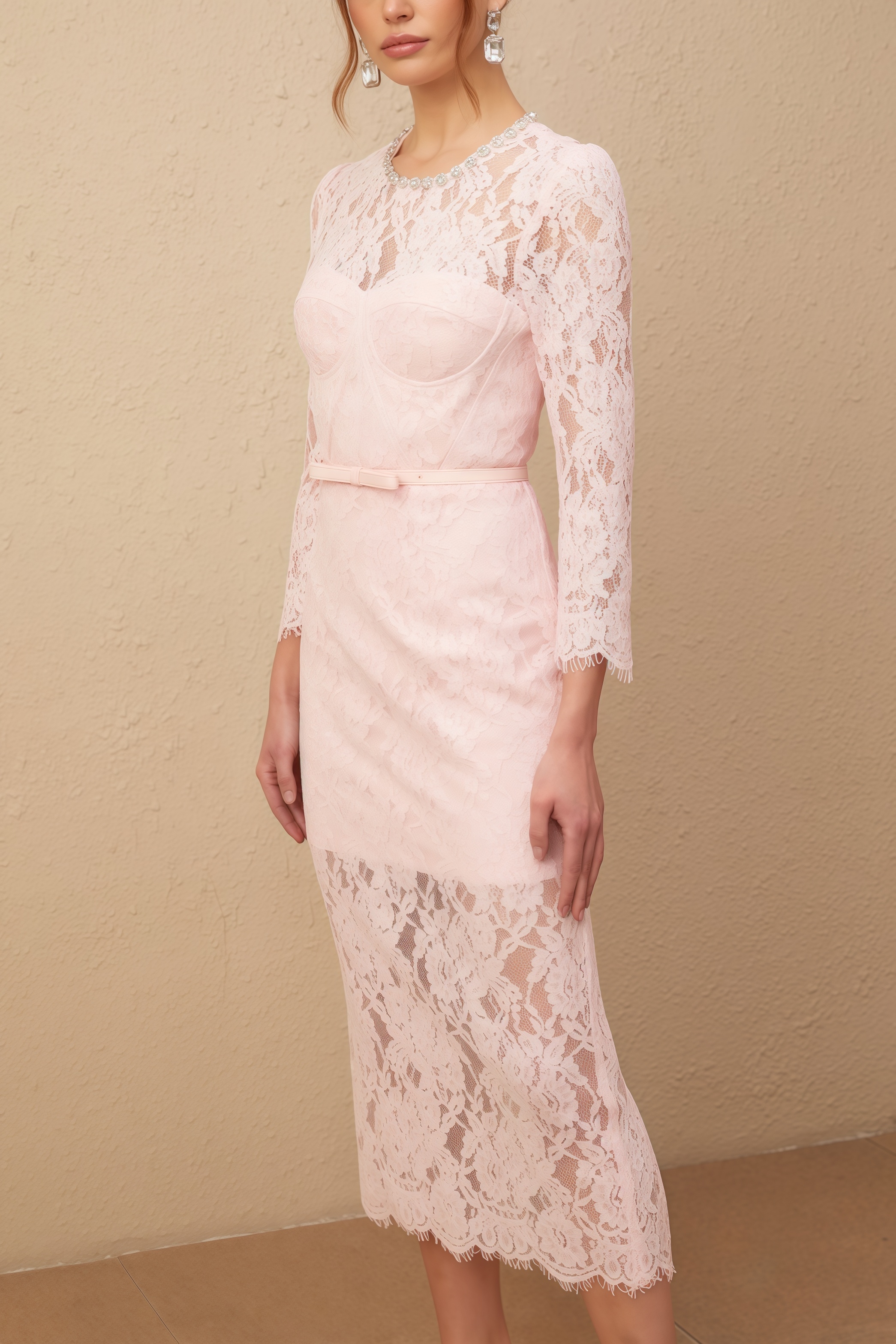 Andre Pink Lace High-Waisted Midi Dress