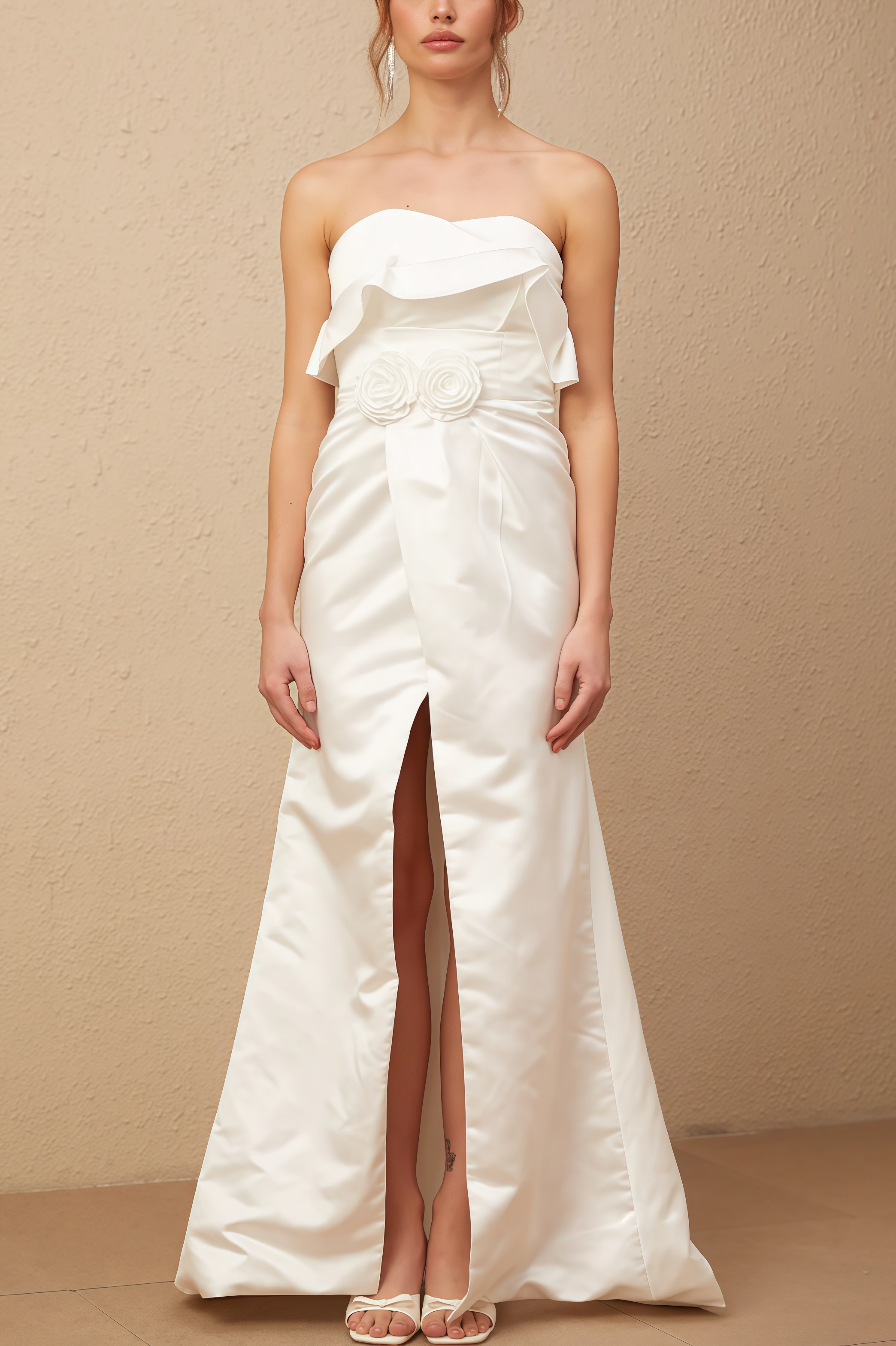 Jiusi White Floral Appliqued Satin Maxi Dress