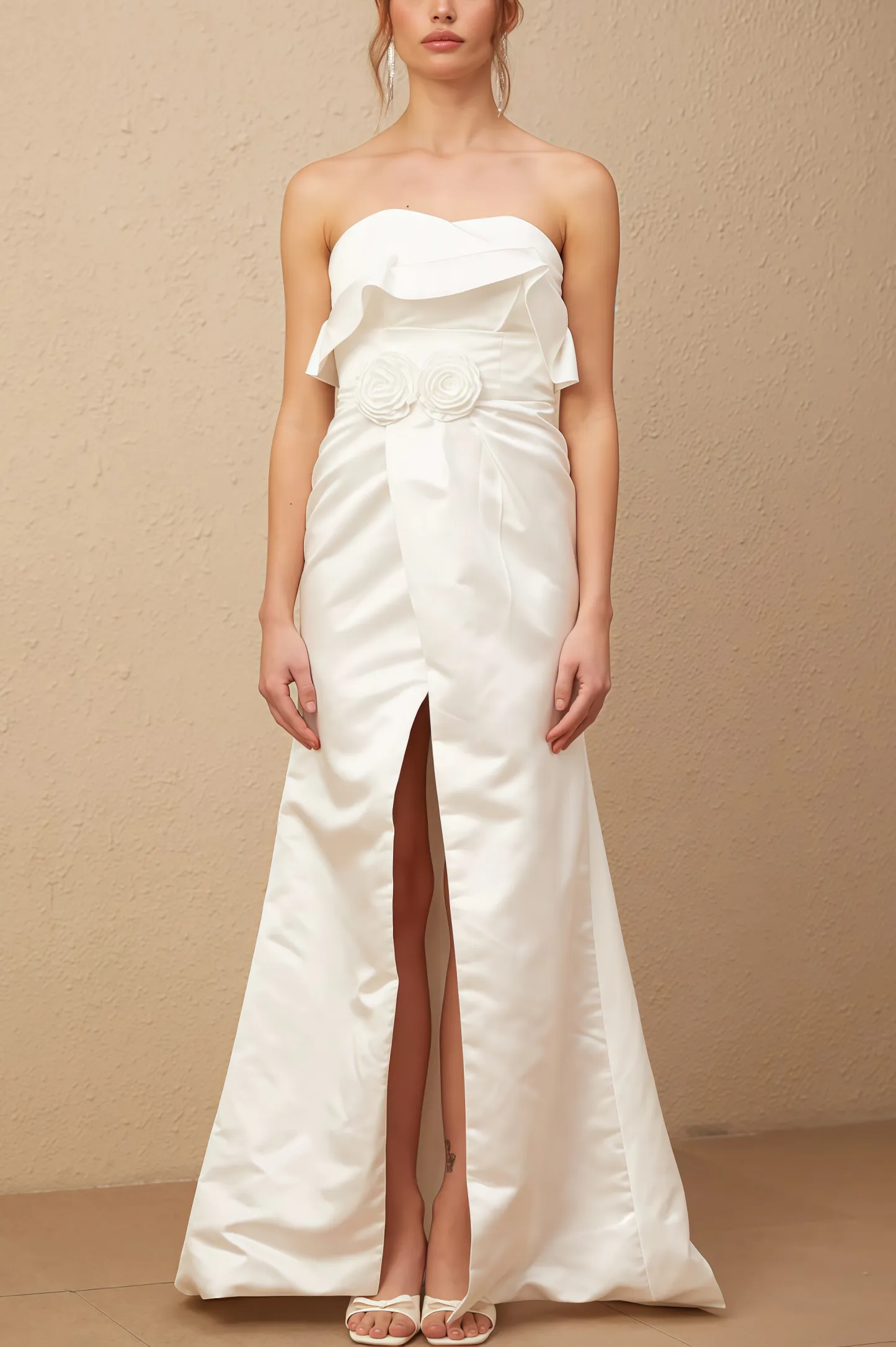 Jiusi White Floral Appliqued Satin Maxi Dress