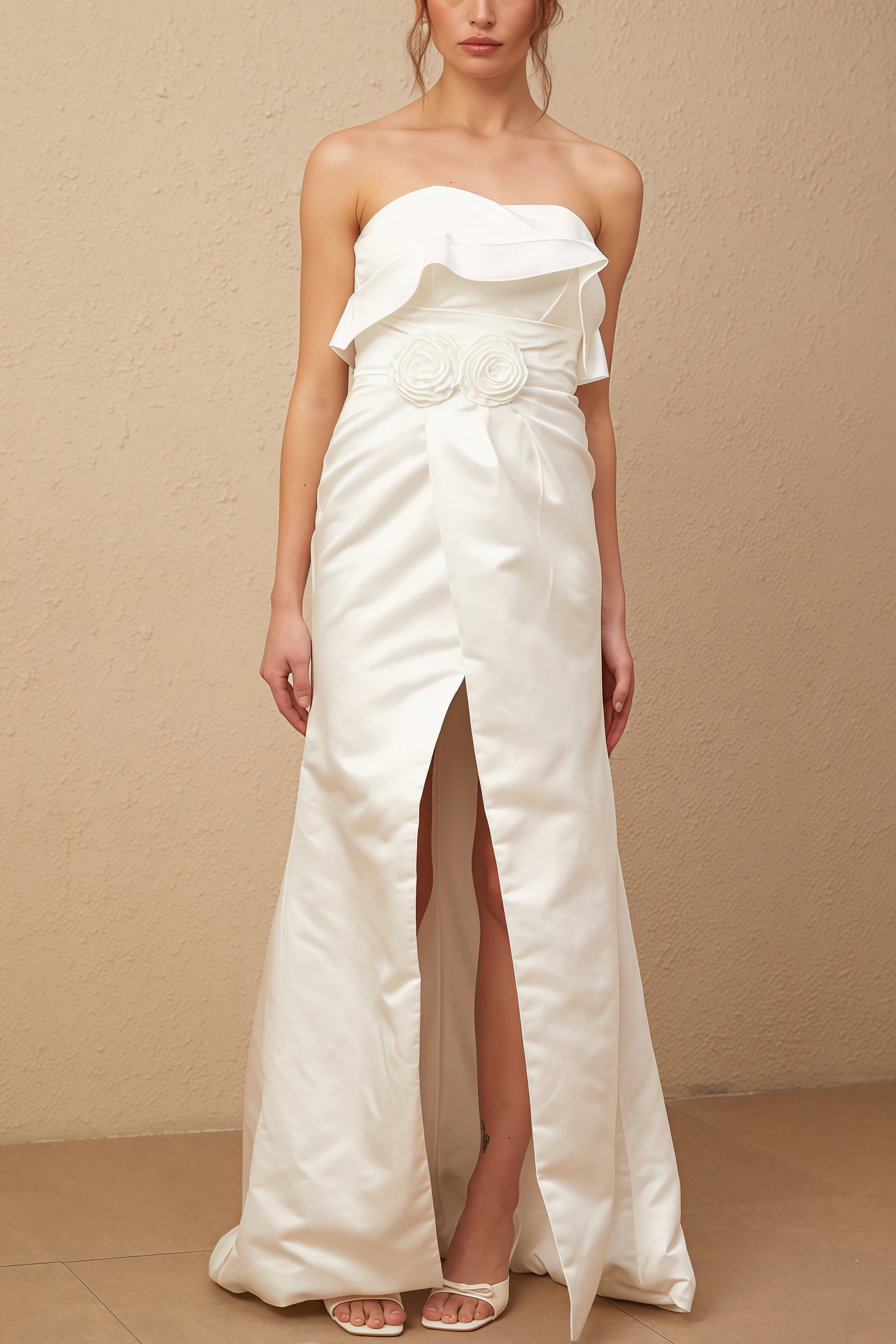 Jiusi White Floral Appliqued Satin Maxi Dress