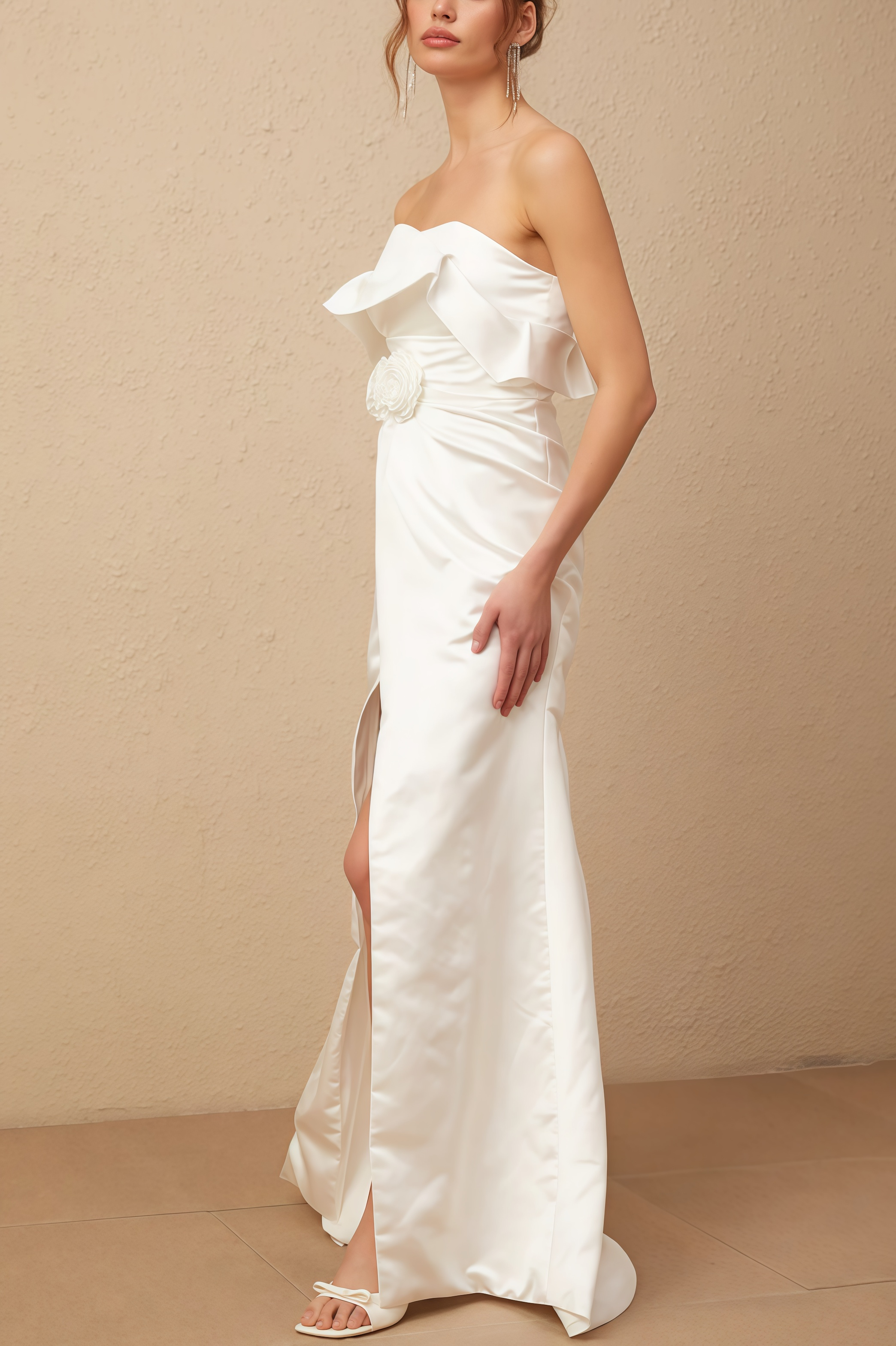 Jiusi White Floral Appliqued Satin Maxi Dress
