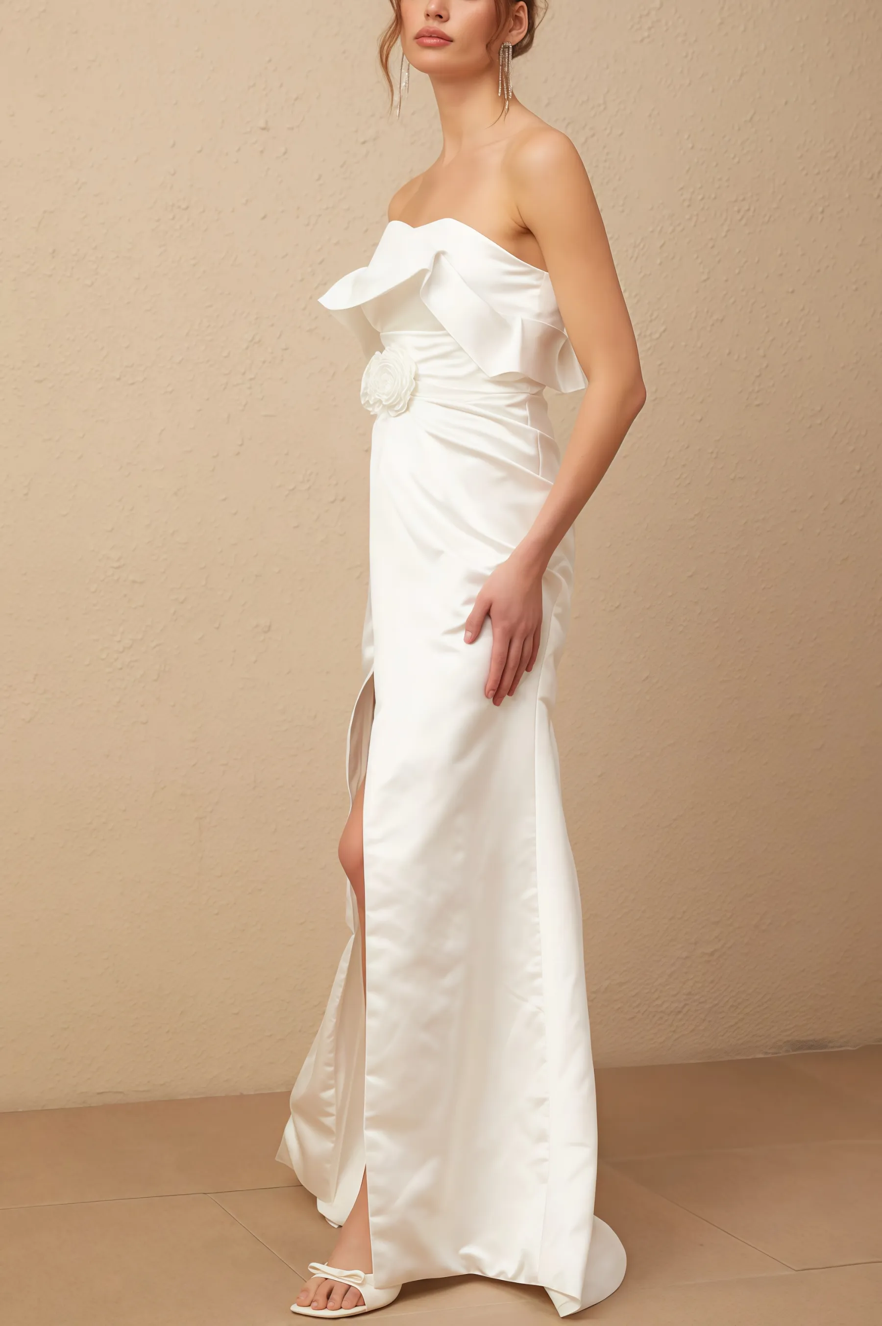 Jiusi White Floral Appliqued Satin Maxi Dress