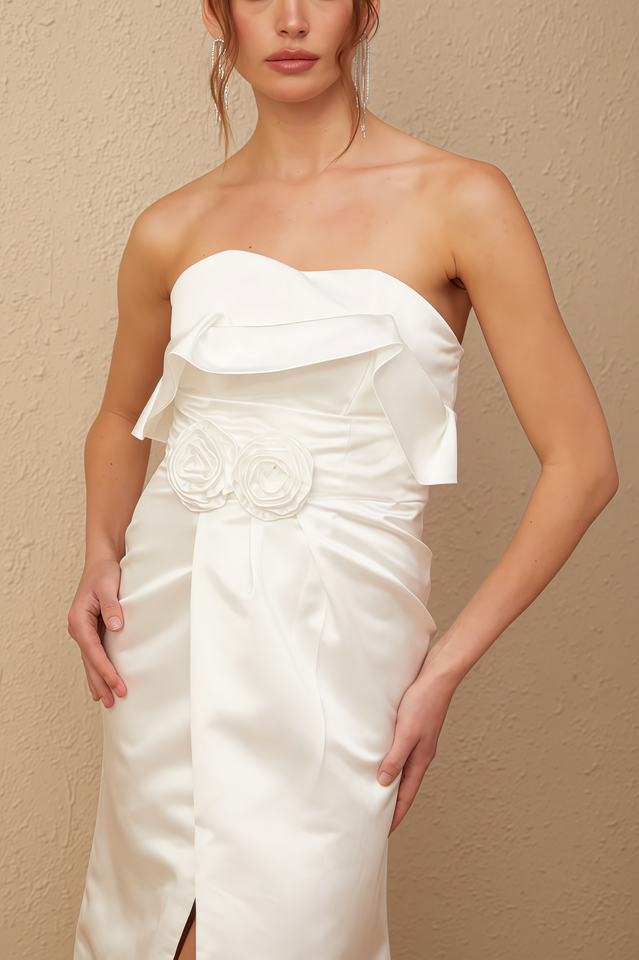 Jiusi White Floral Appliqued Satin Maxi Dress