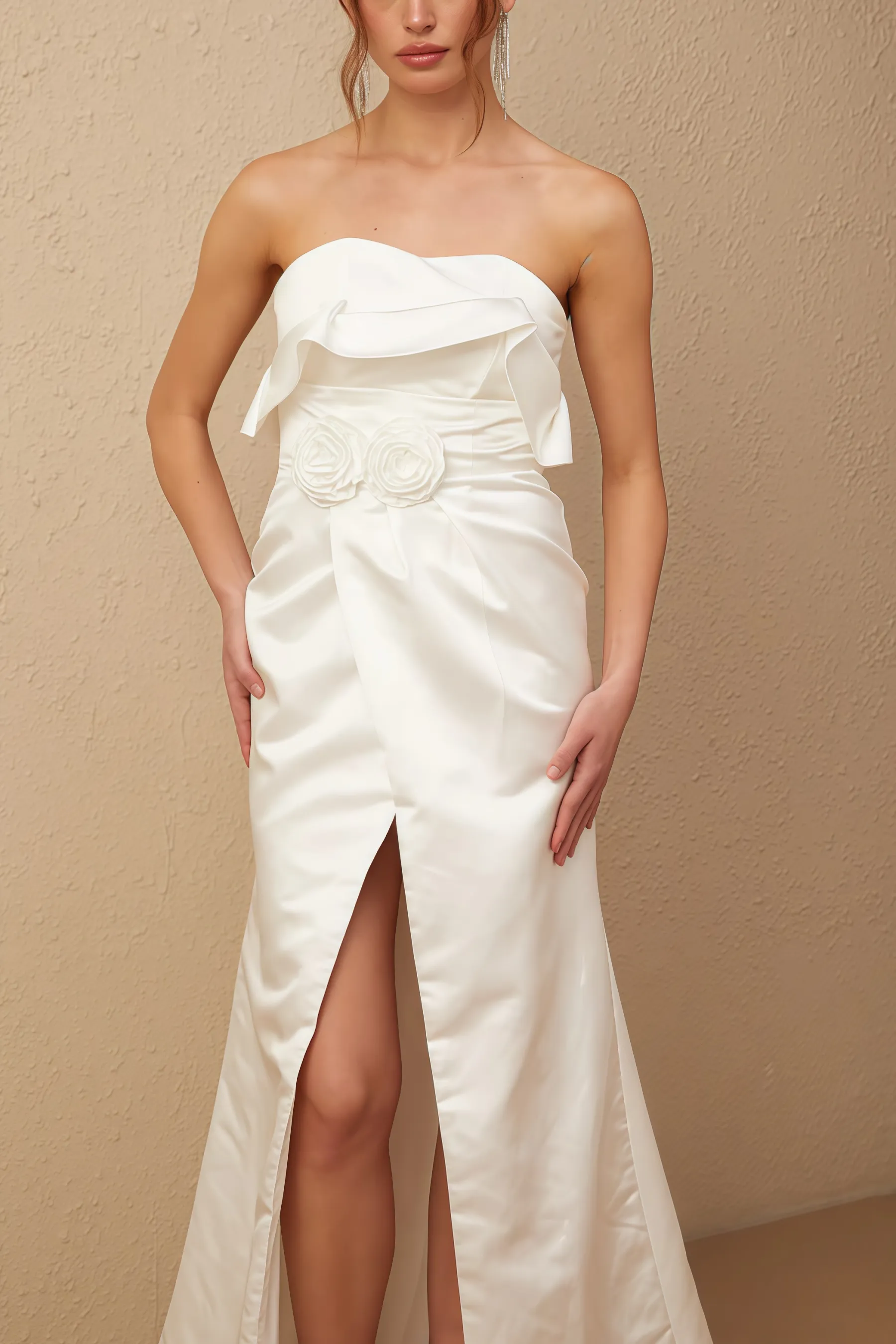 Jiusi White Floral Appliqued Satin Maxi Dress