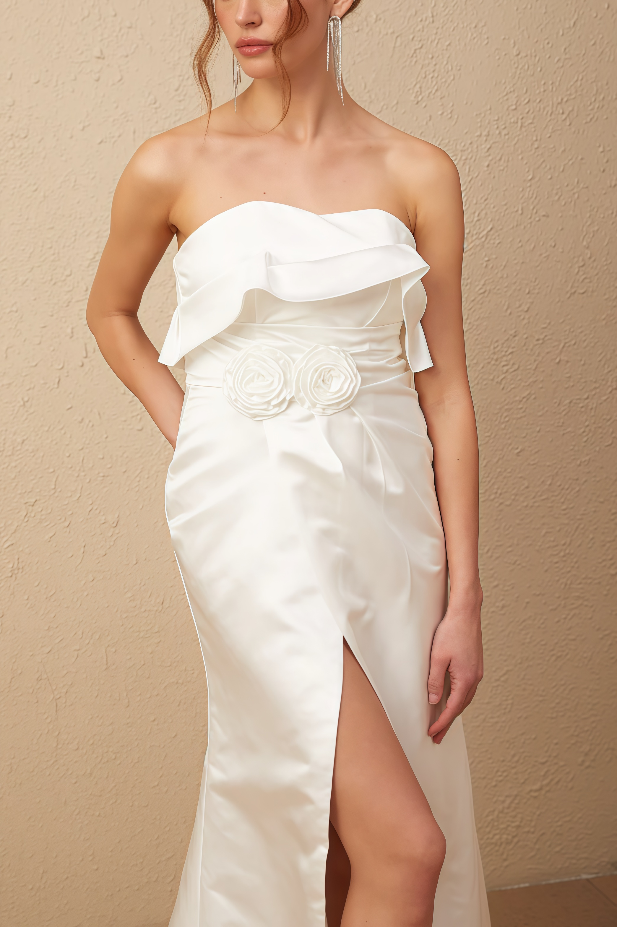 Jiusi White Floral Appliqued Satin Maxi Dress