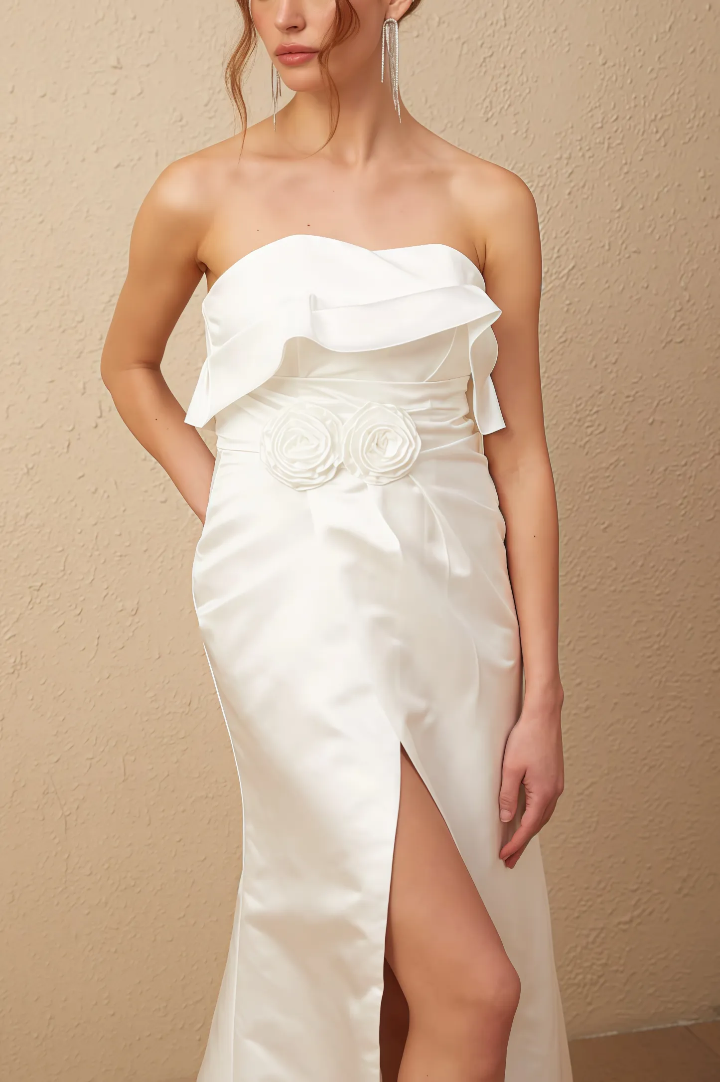 Jiusi White Floral Appliqued Satin Maxi Dress
