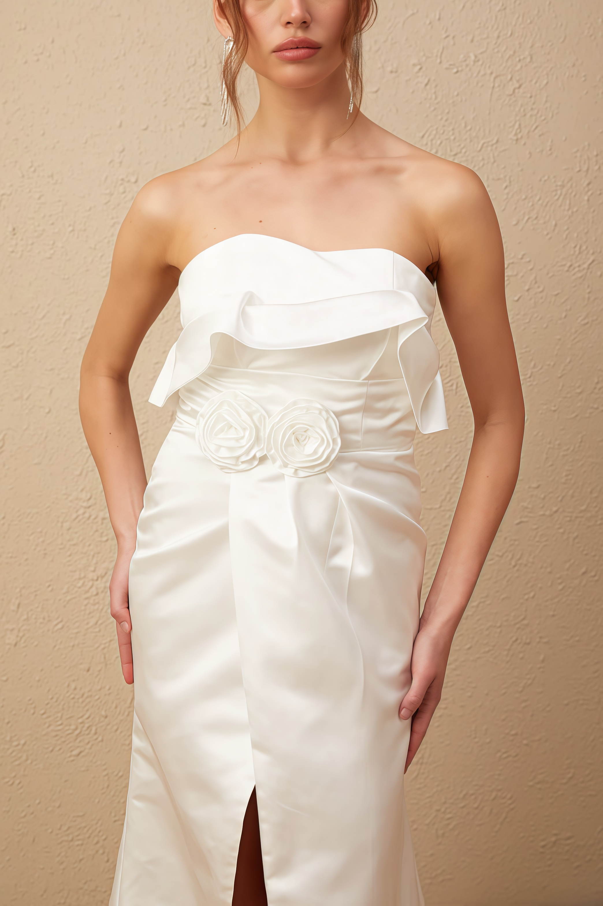 Jiusi White Floral Appliqued Satin Maxi Dress