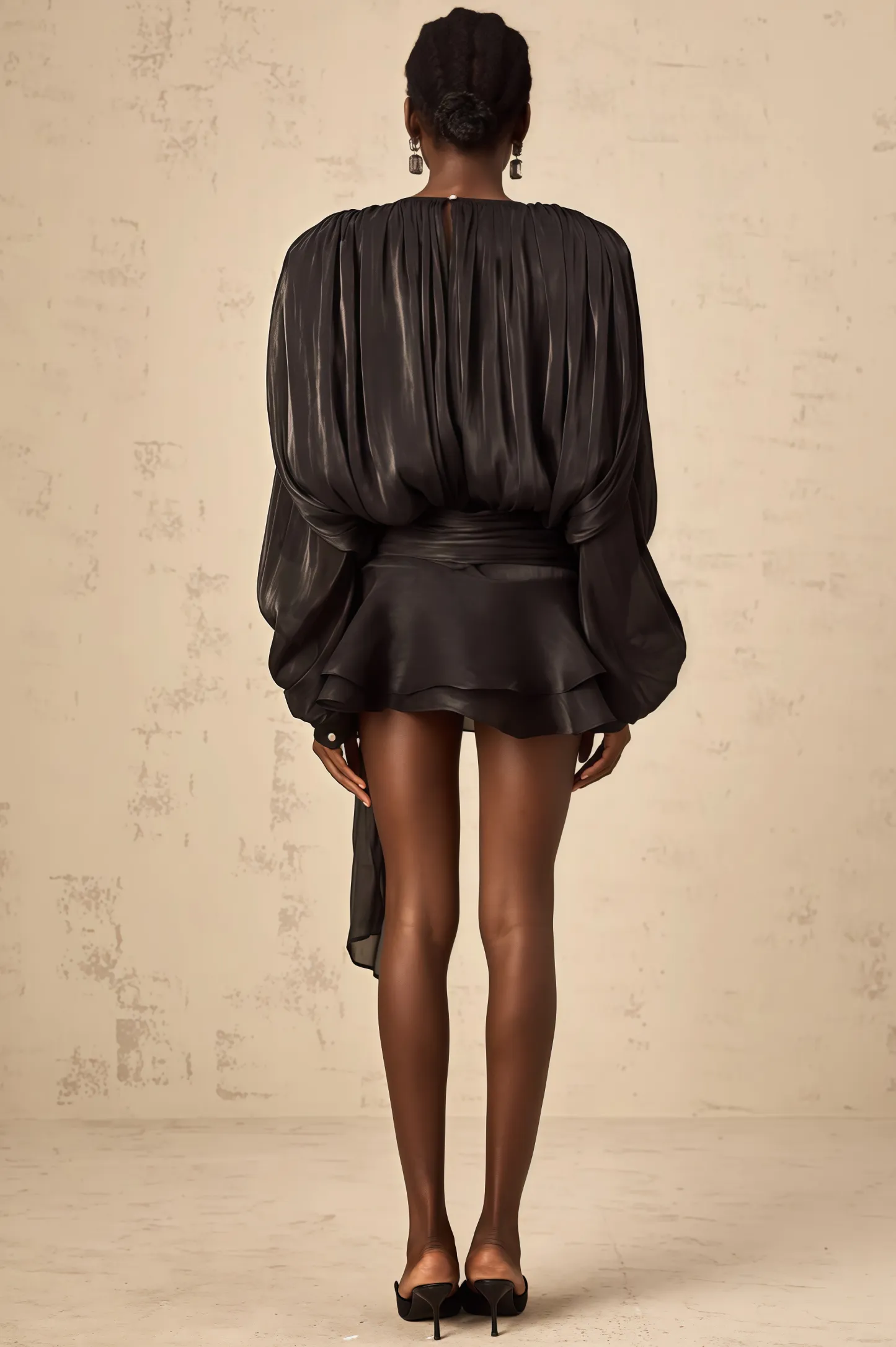 Camellia Black Pleated Ruffle Mini Dress