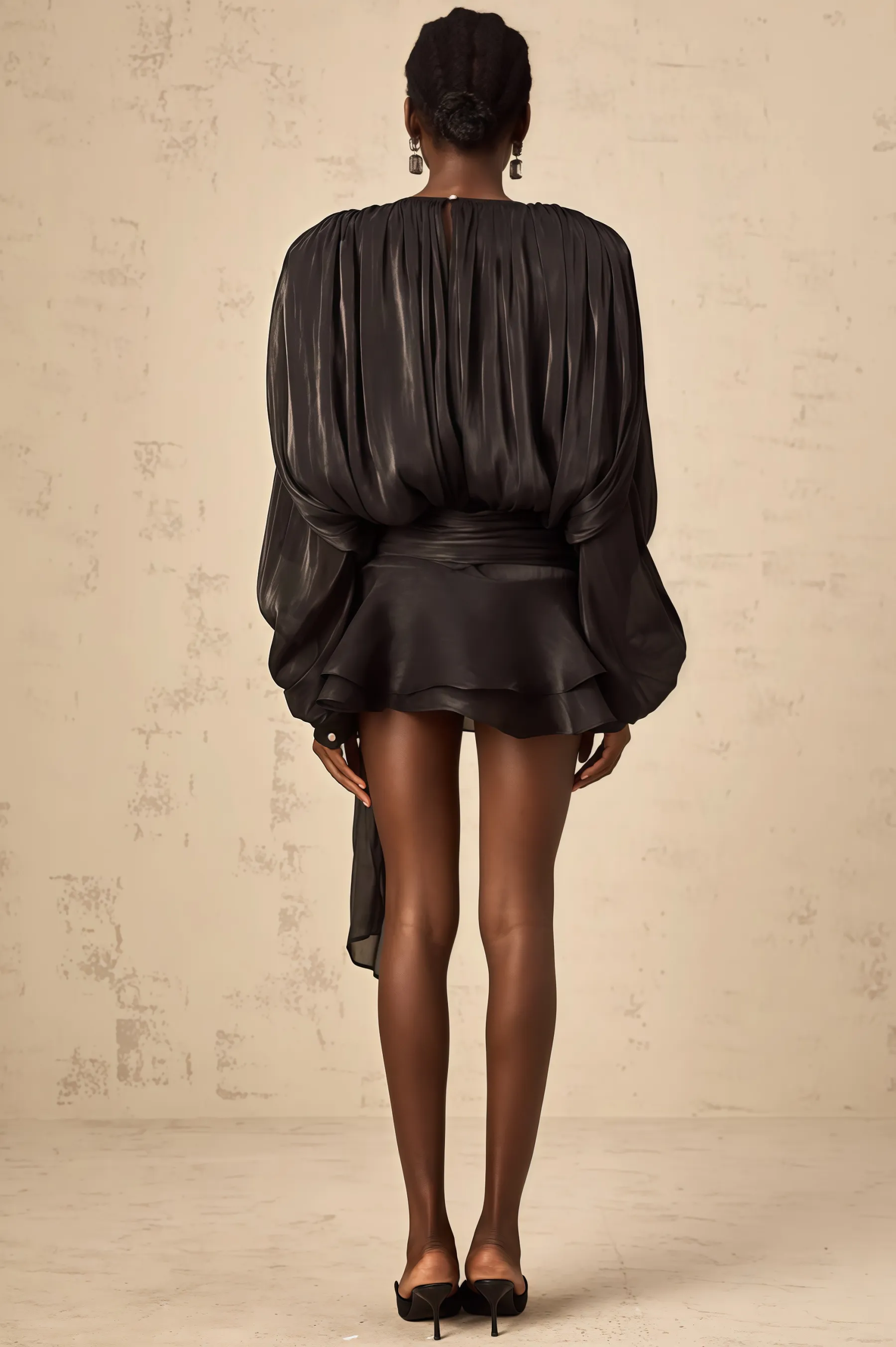 Camellia Black Pleated Ruffle Mini Dress
