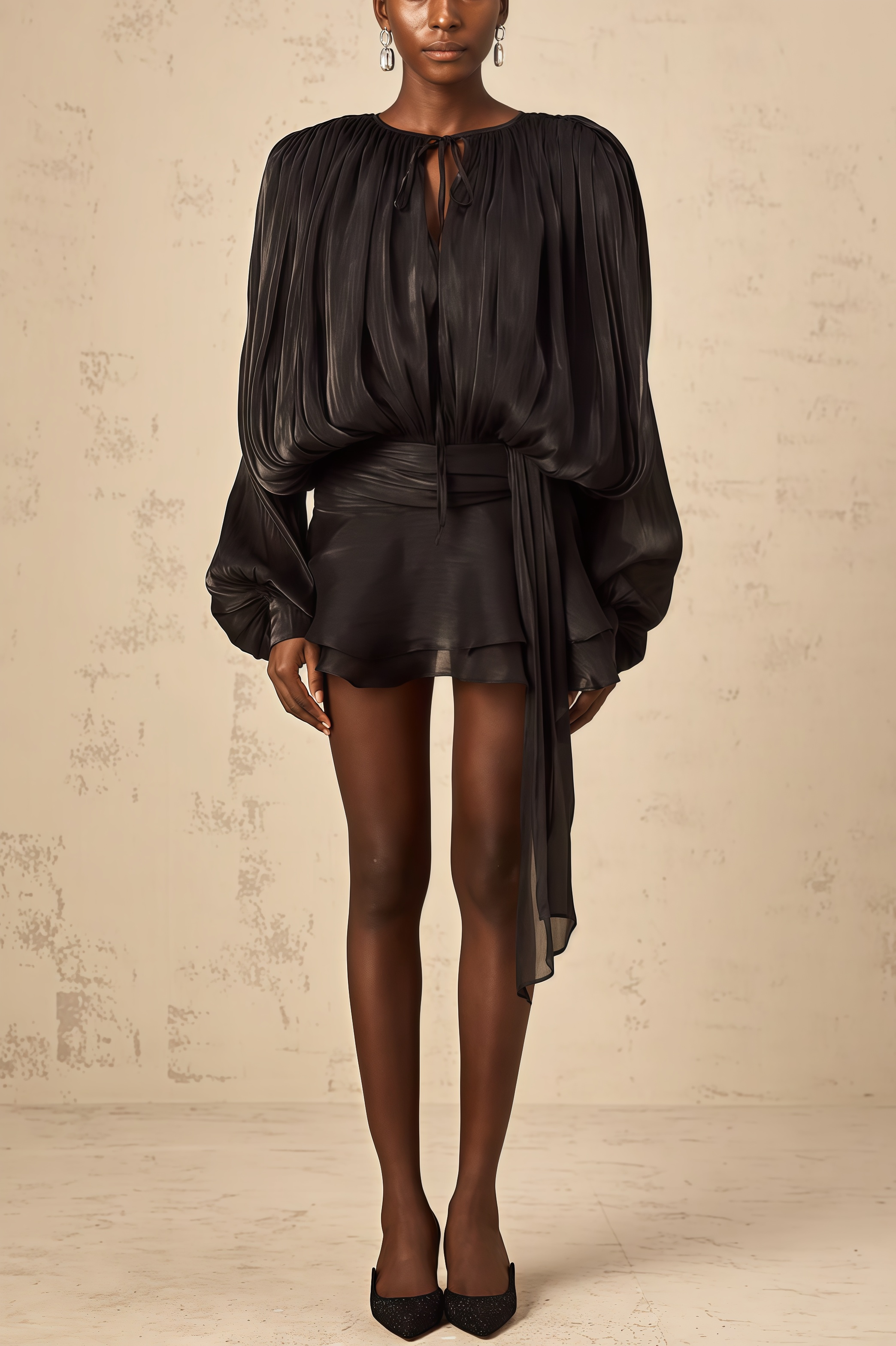 Camellia Black Pleated Ruffle Mini Dress