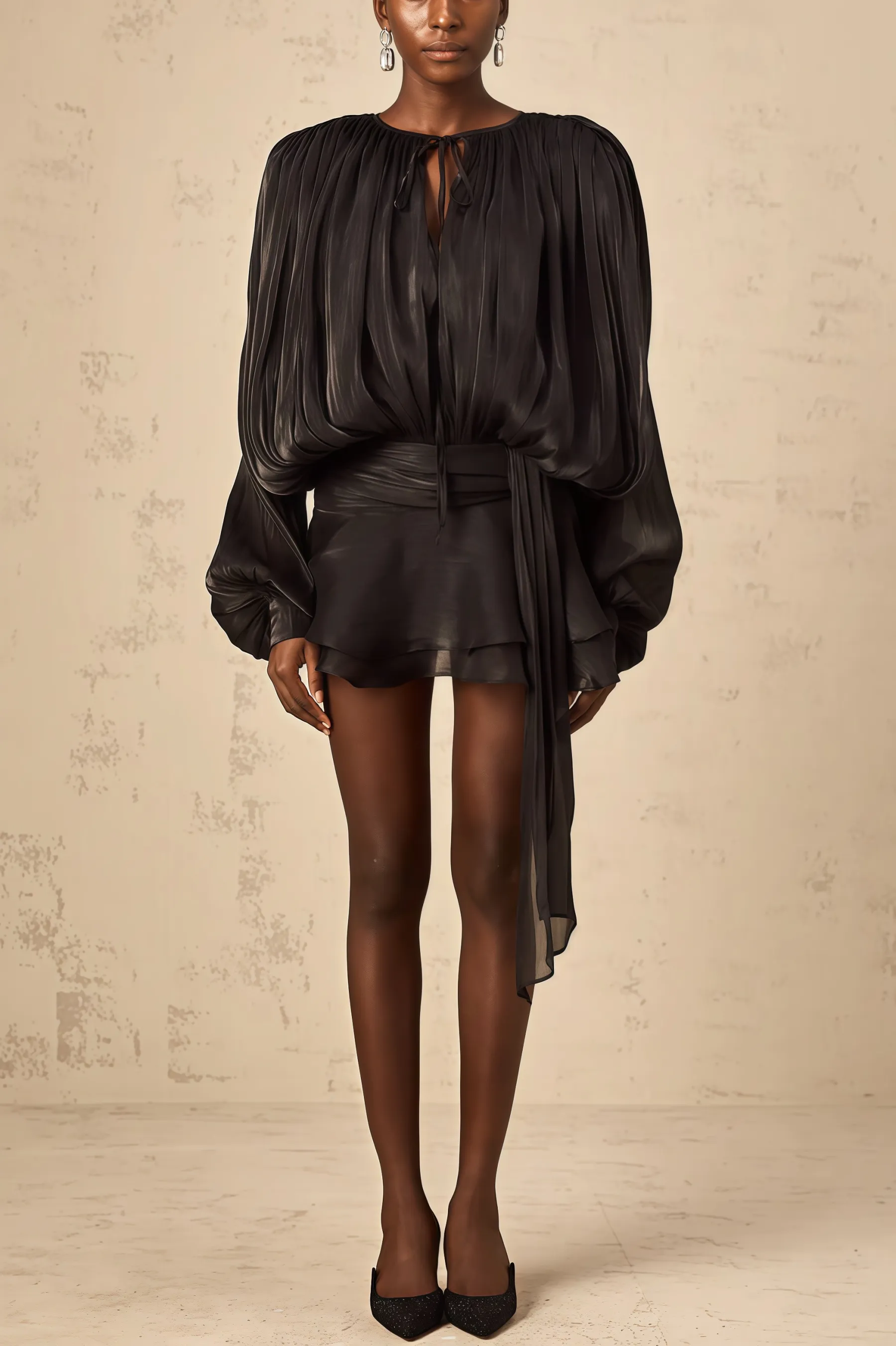 Camellia Black Pleated Ruffle Mini Dress