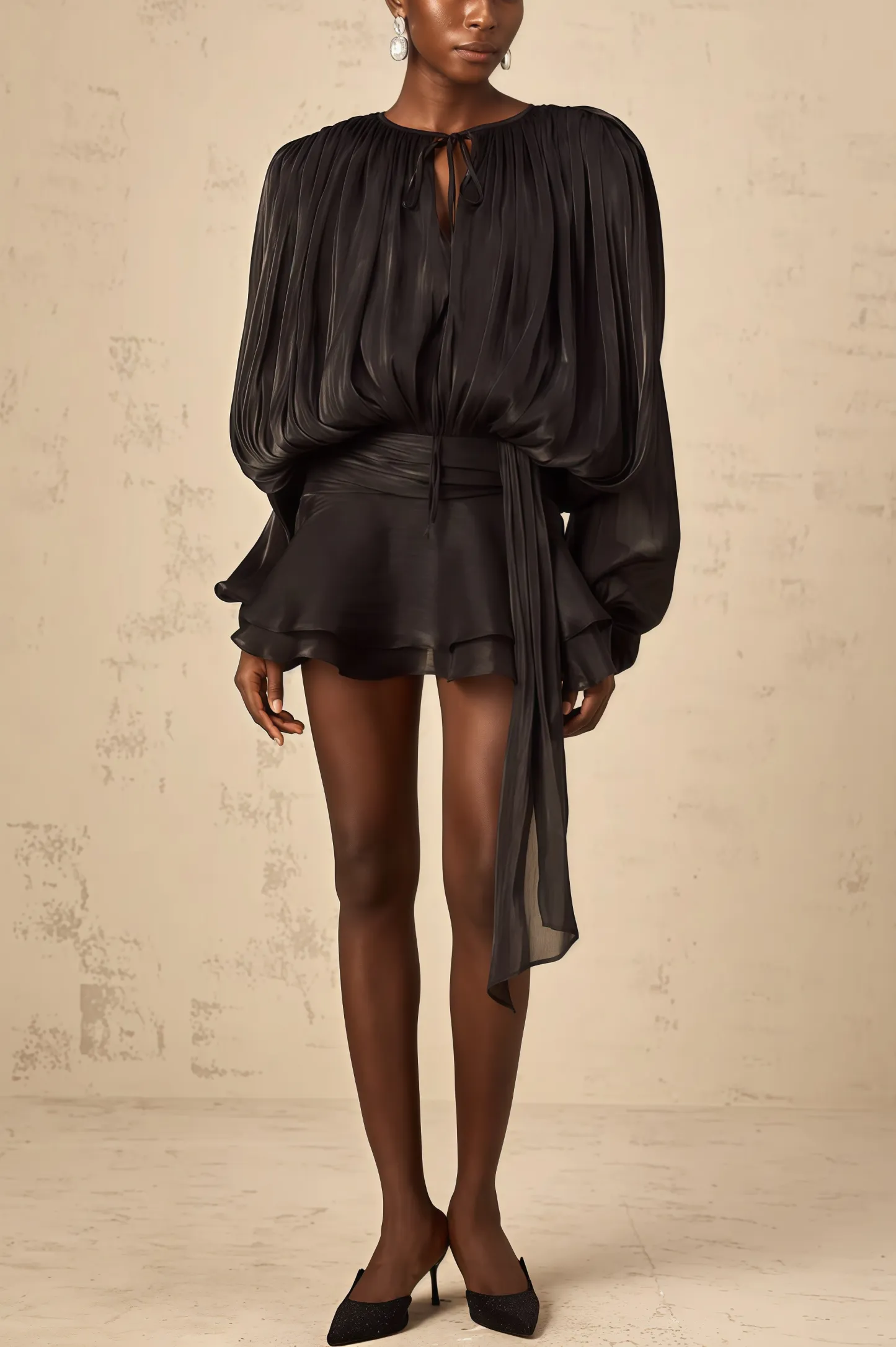 Camellia Black Pleated Ruffle Mini Dress