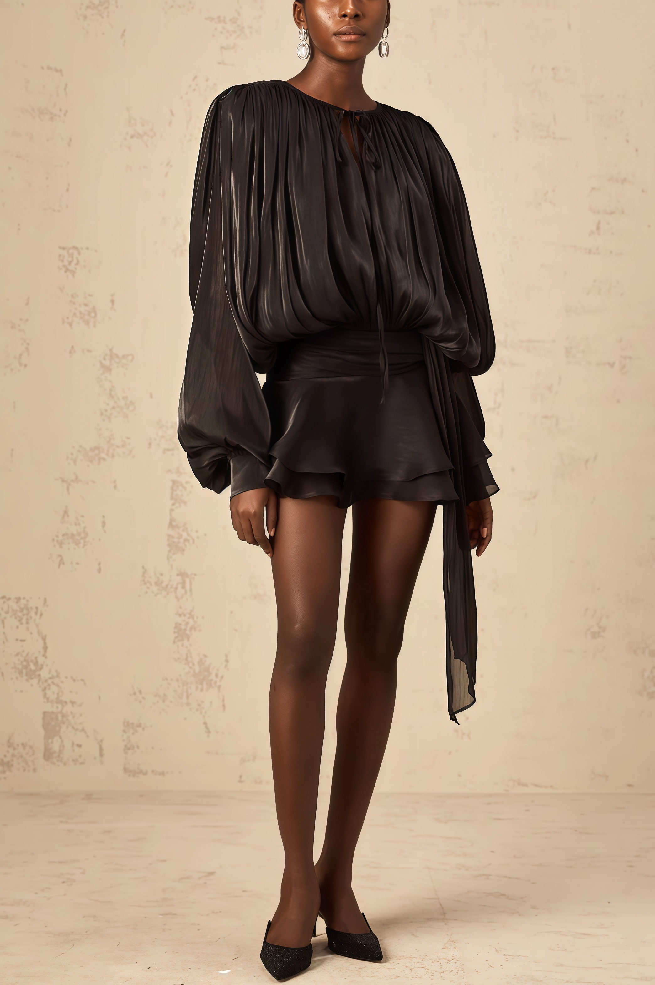 Camellia Black Pleated Ruffle Mini Dress