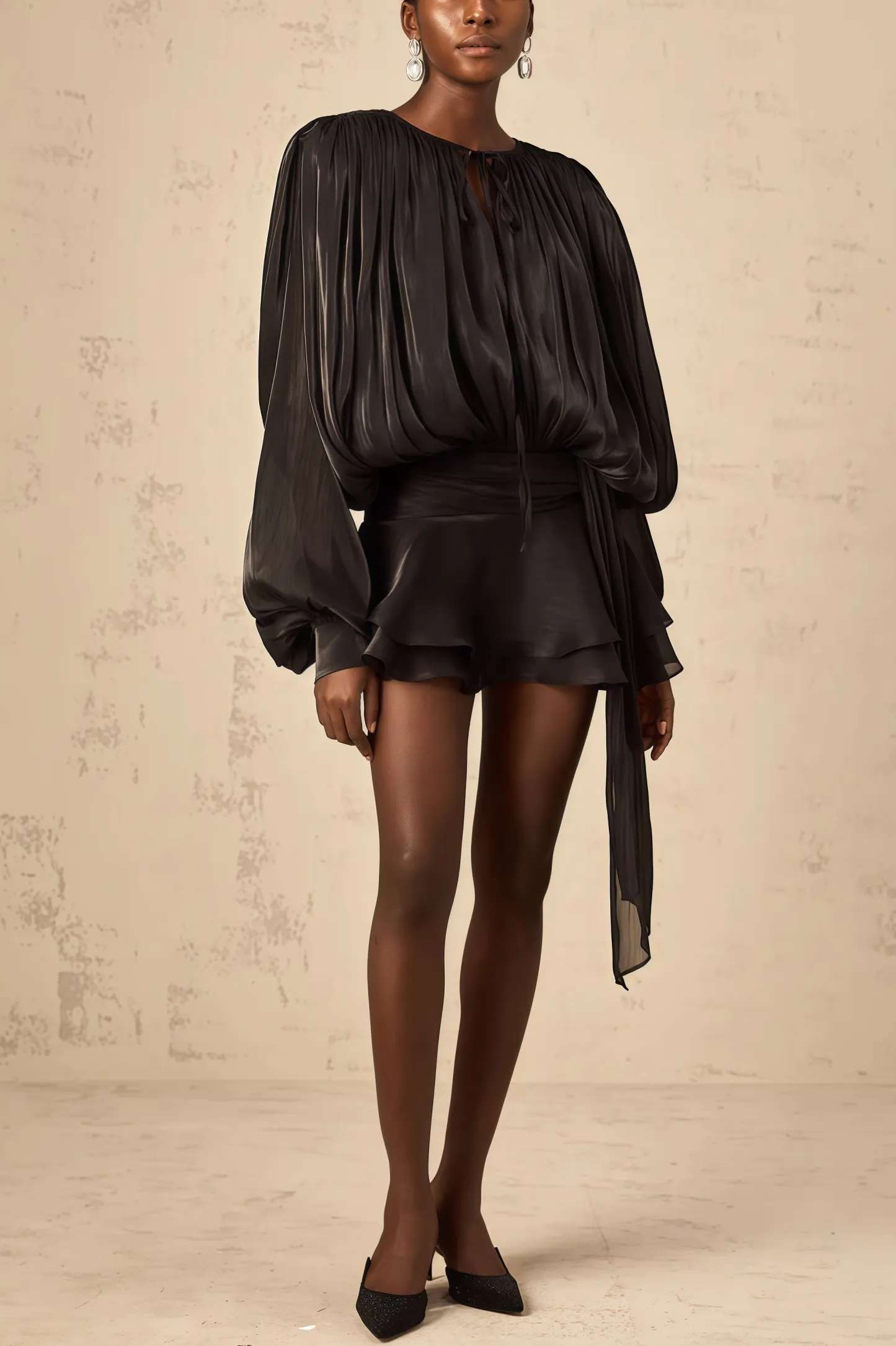 Camellia Black Pleated Ruffle Mini Dress