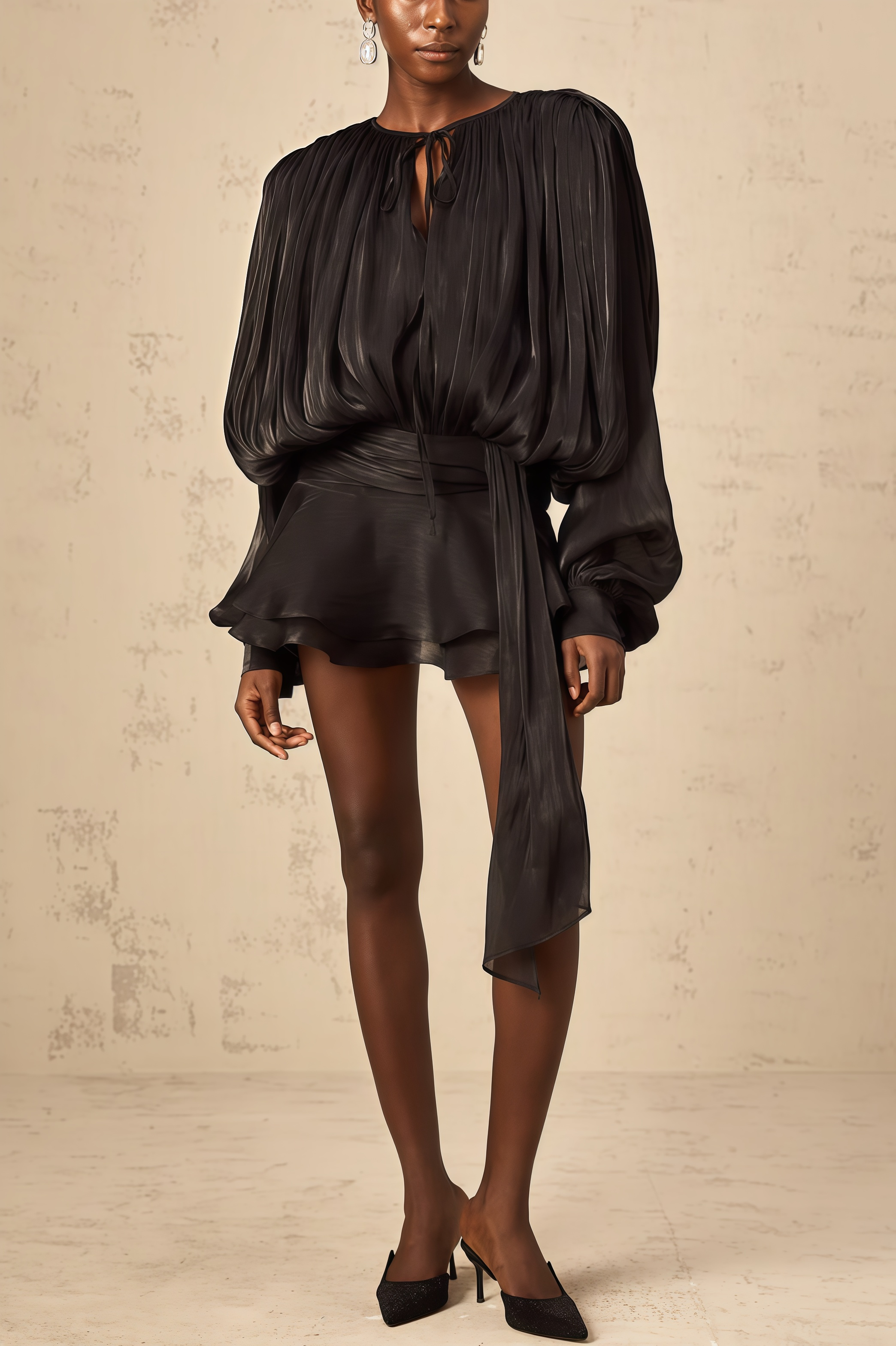 Camellia Black Pleated Ruffle Mini Dress