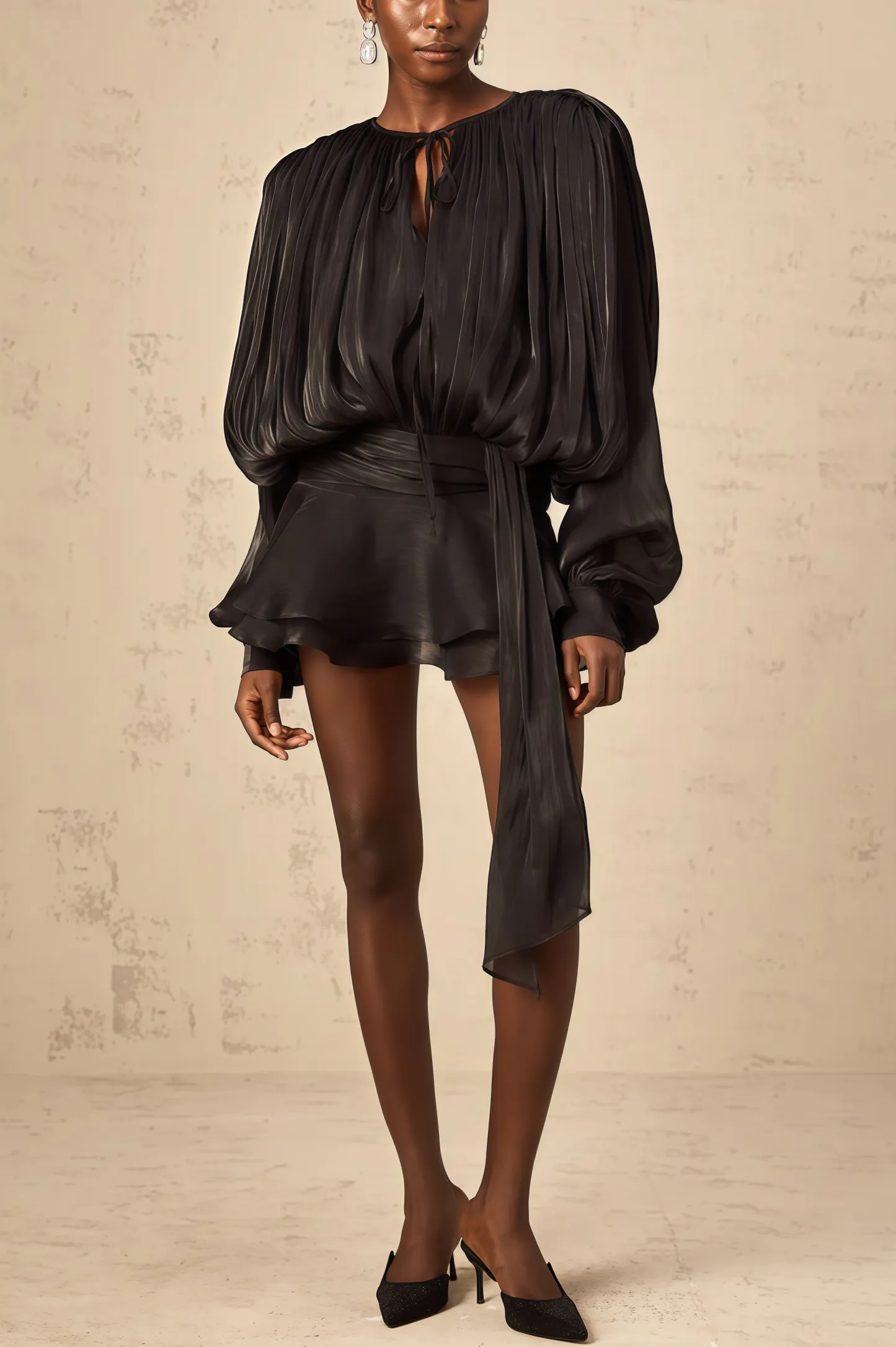Camellia Black Pleated Ruffle Mini Dress