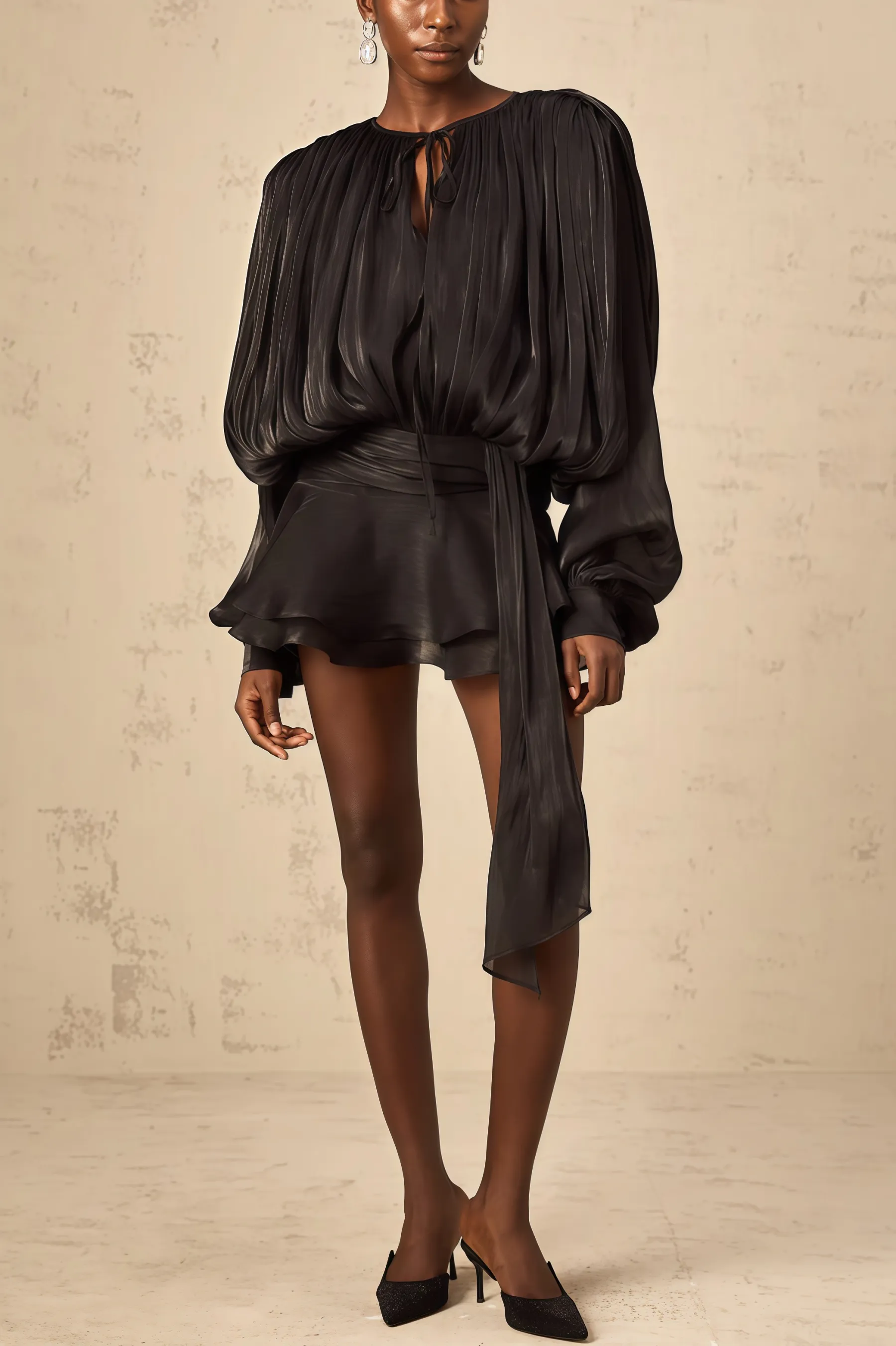 Camellia Black Pleated Ruffle Mini Dress