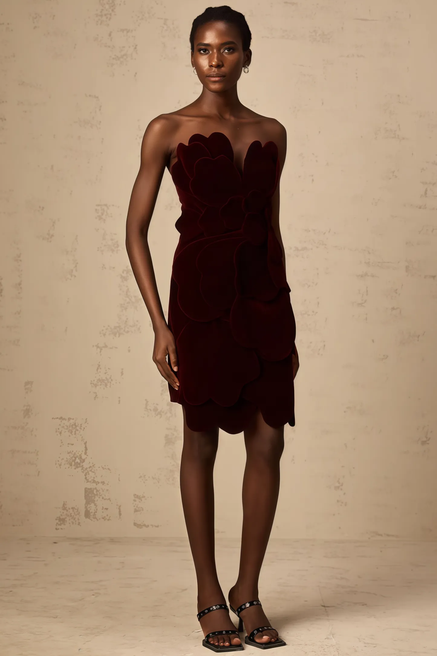 Sage Red Floral Applique Velvet Mini Dress
