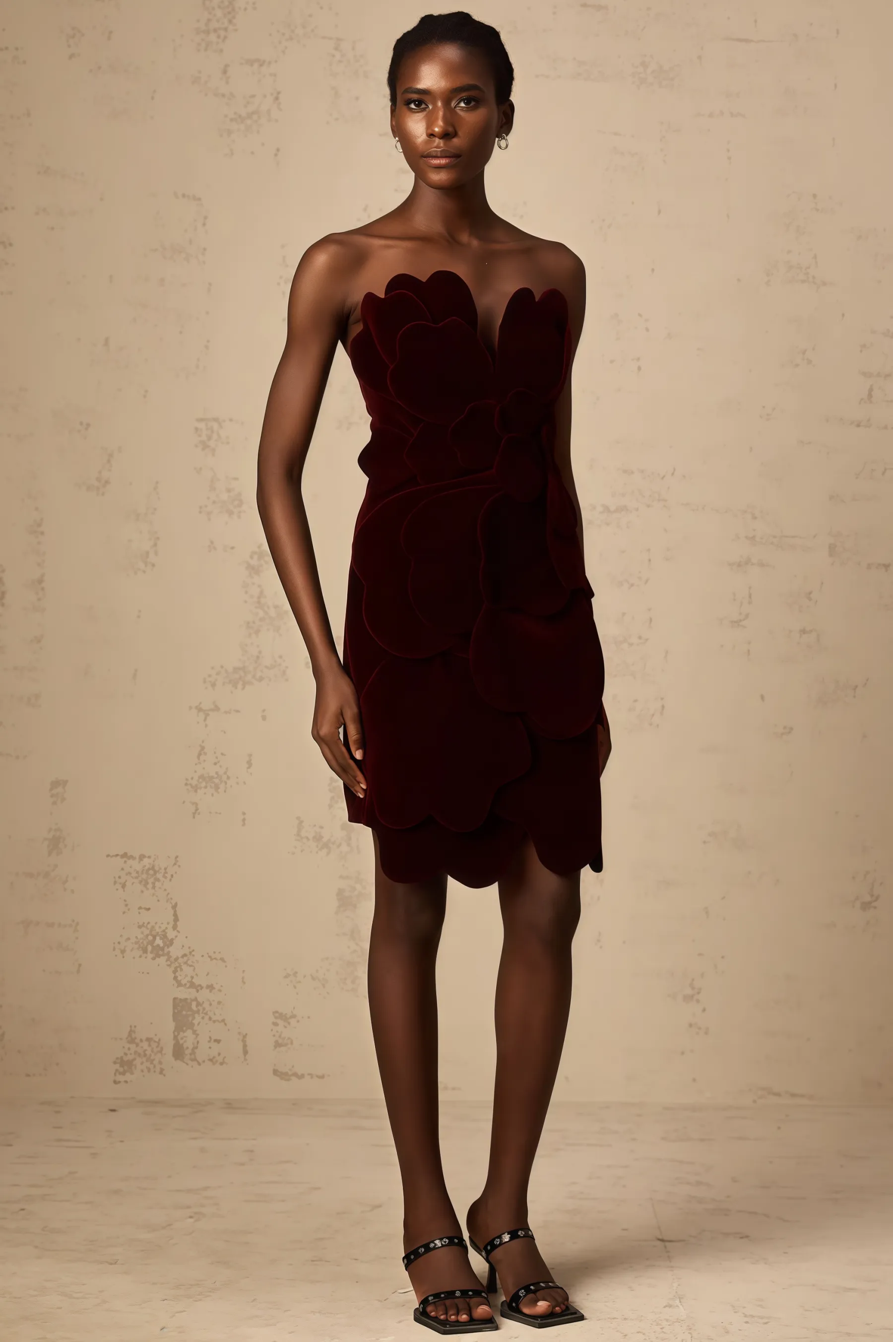 Sage Red Floral Applique Velvet Mini Dress