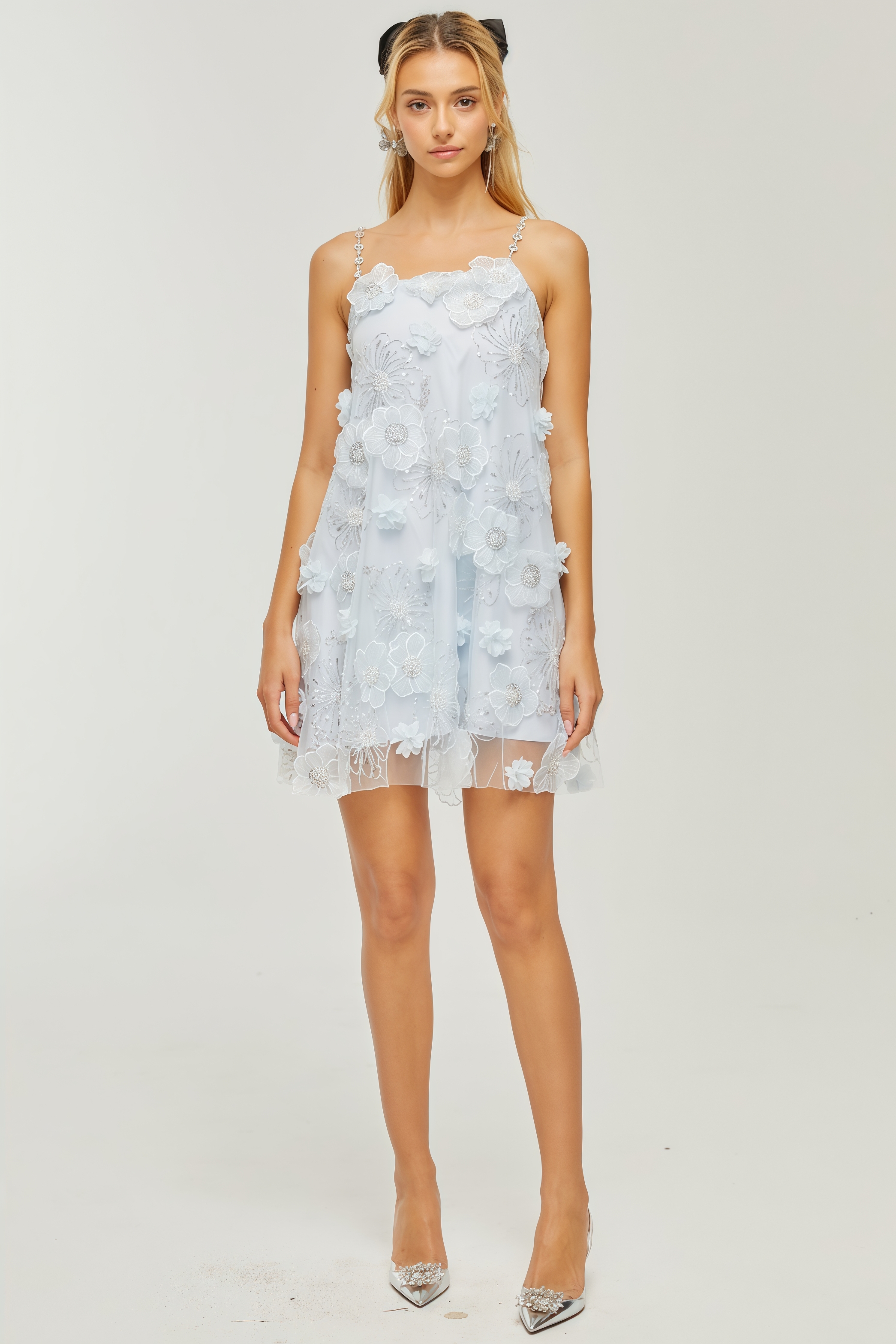 Marifd Blue Flower Sequin Mesh Mini Dress
