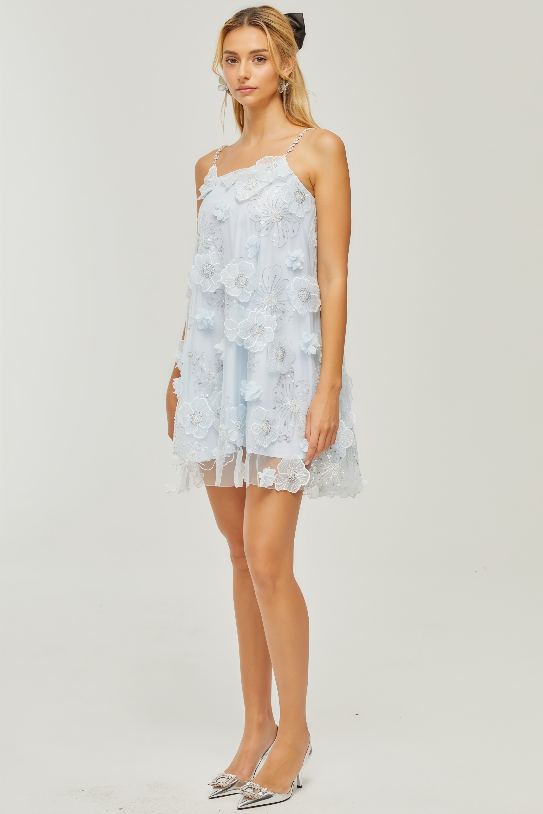 Marifd Blue Flower Sequin Mesh Mini Dress