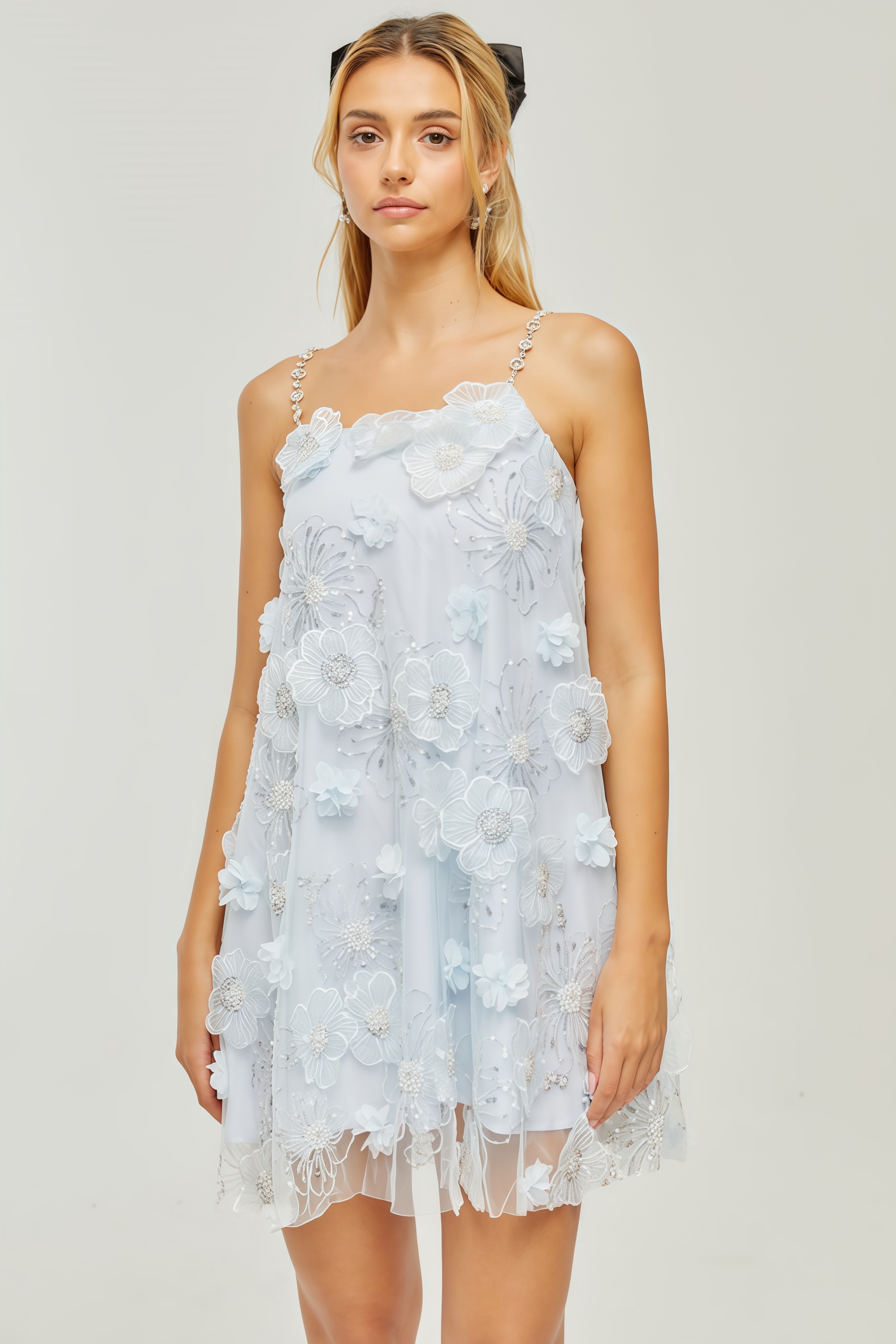 Marifd Blue Flower Sequin Mesh Mini Dress