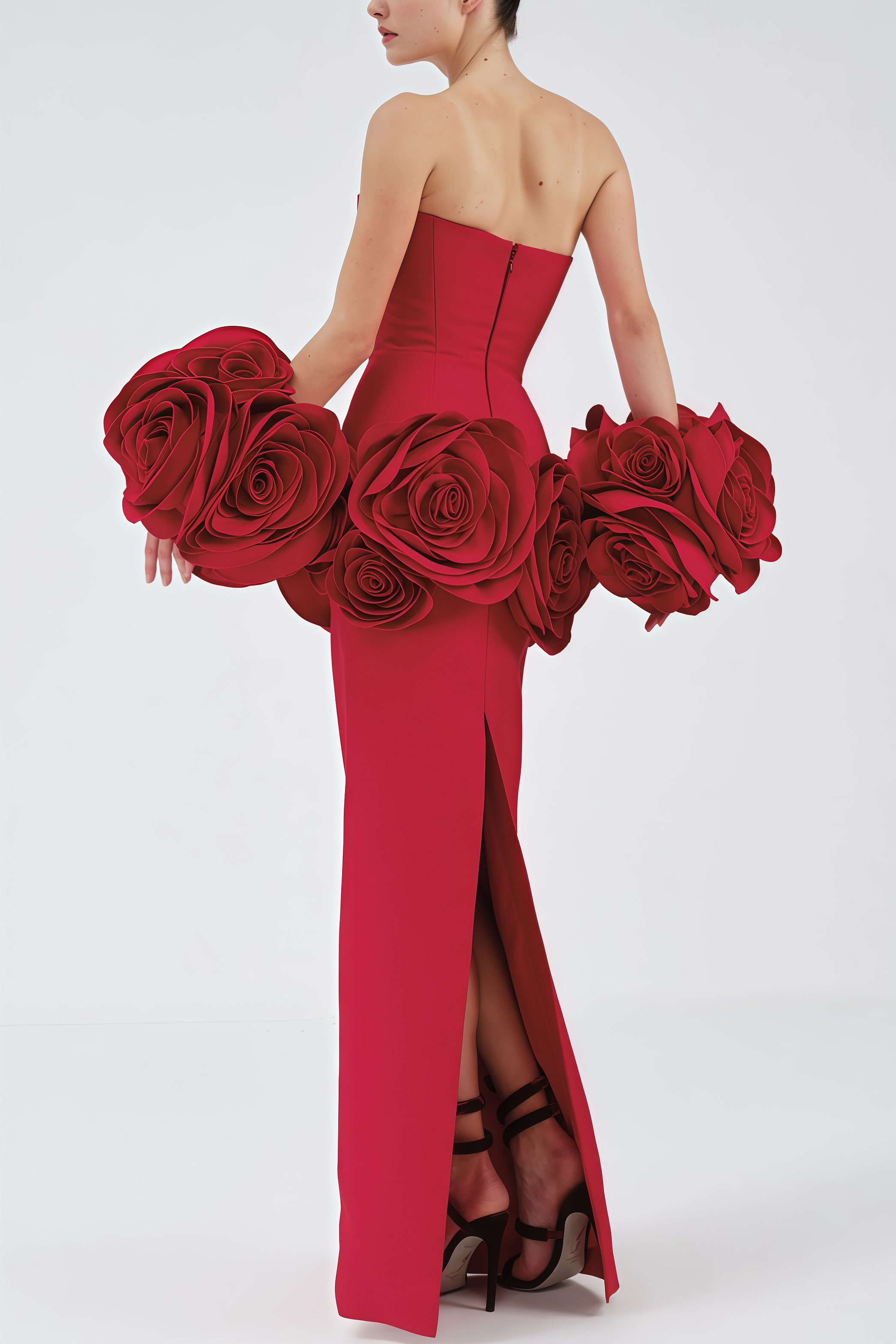 Huxen Red Backless Plunge 3D Floral Maxi Dress