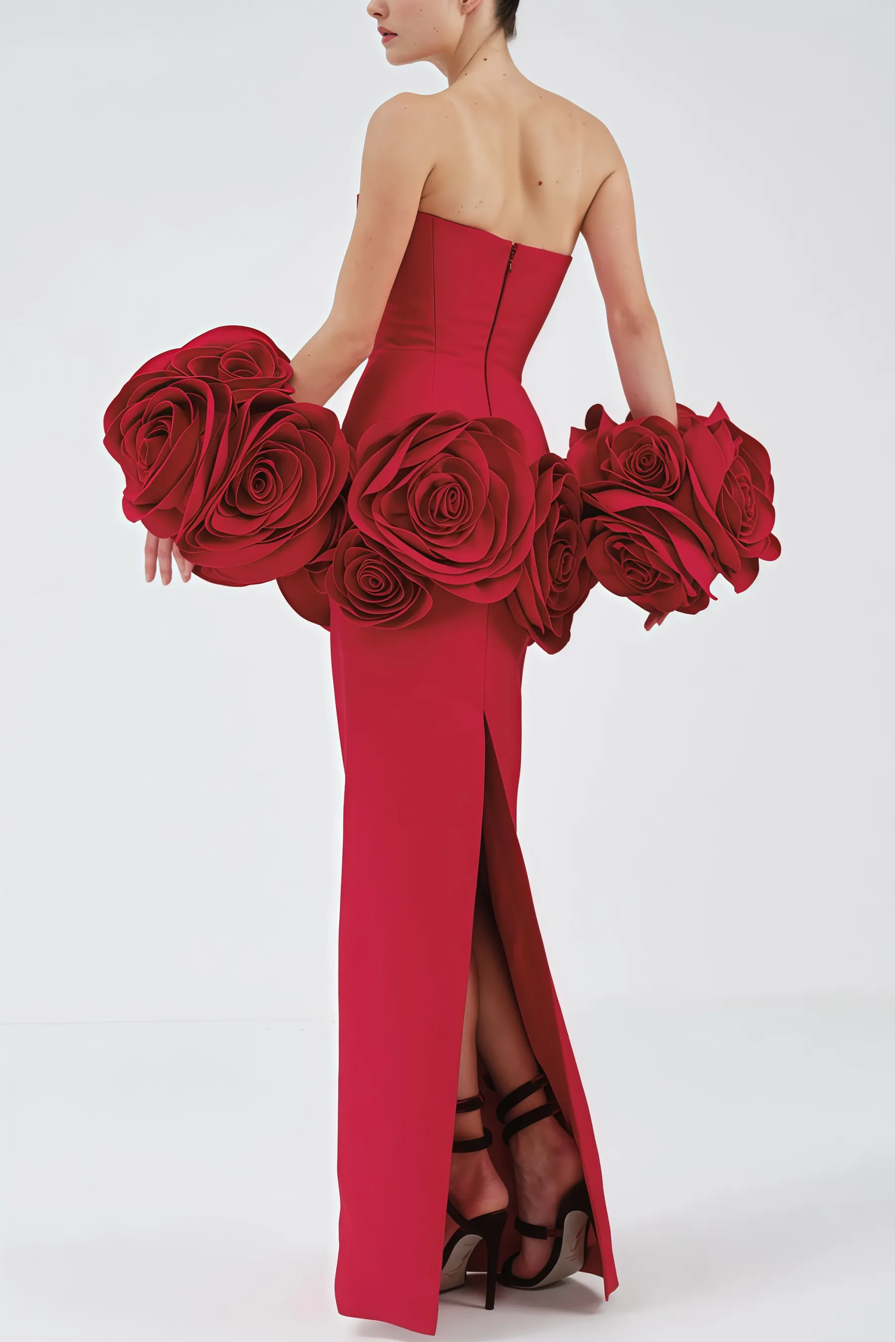 Huxen Red Backless Plunge 3D Floral Maxi Dress