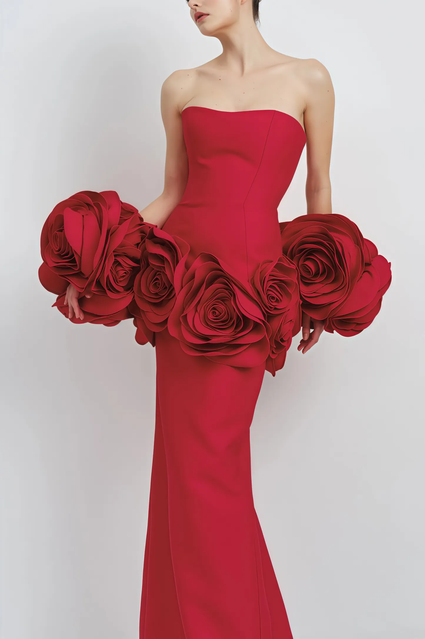 Huxen Red Backless Plunge 3D Floral Maxi Dress
