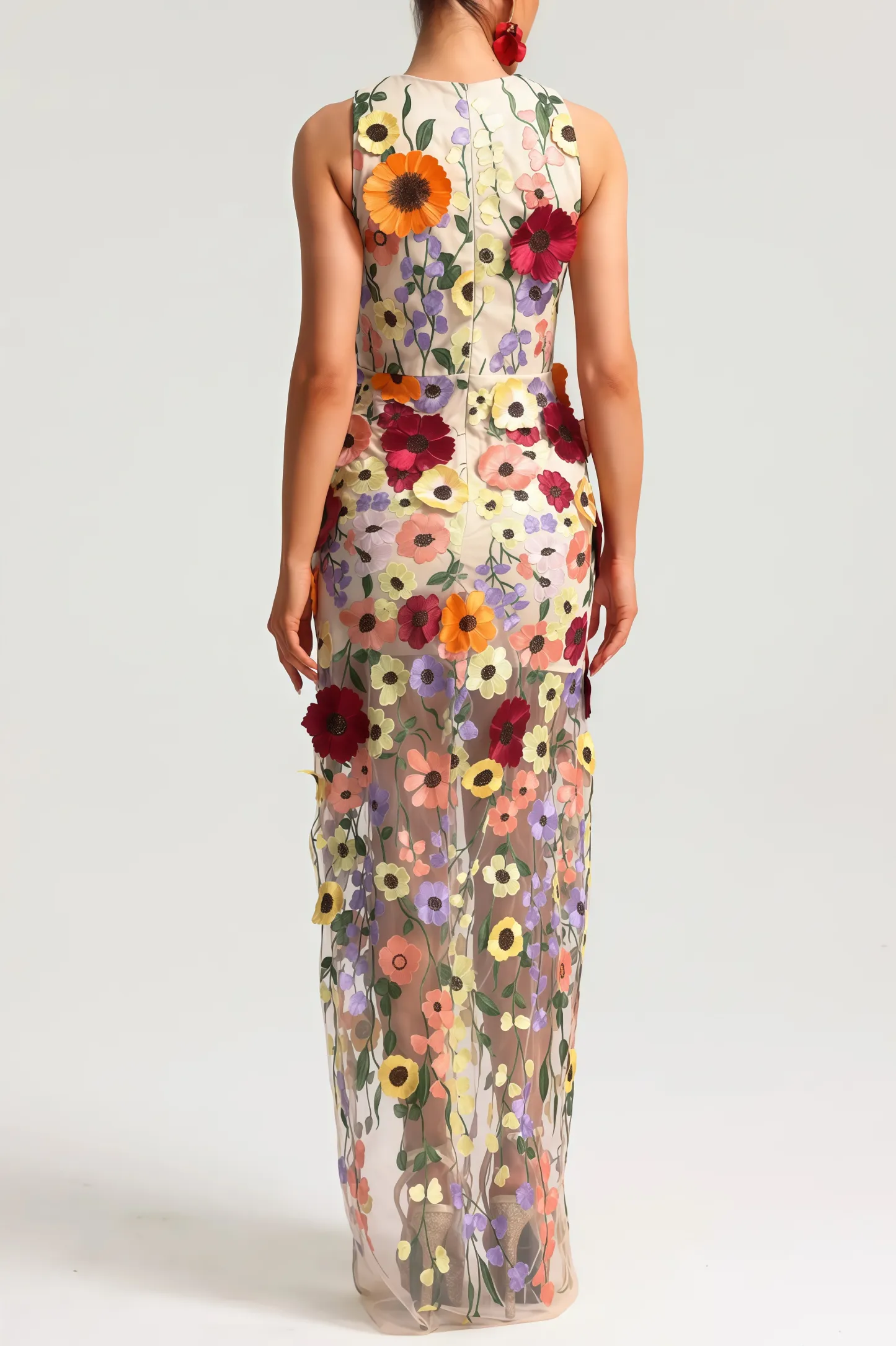Hella Sleeveless Embroidery Flowers Maxi Dress