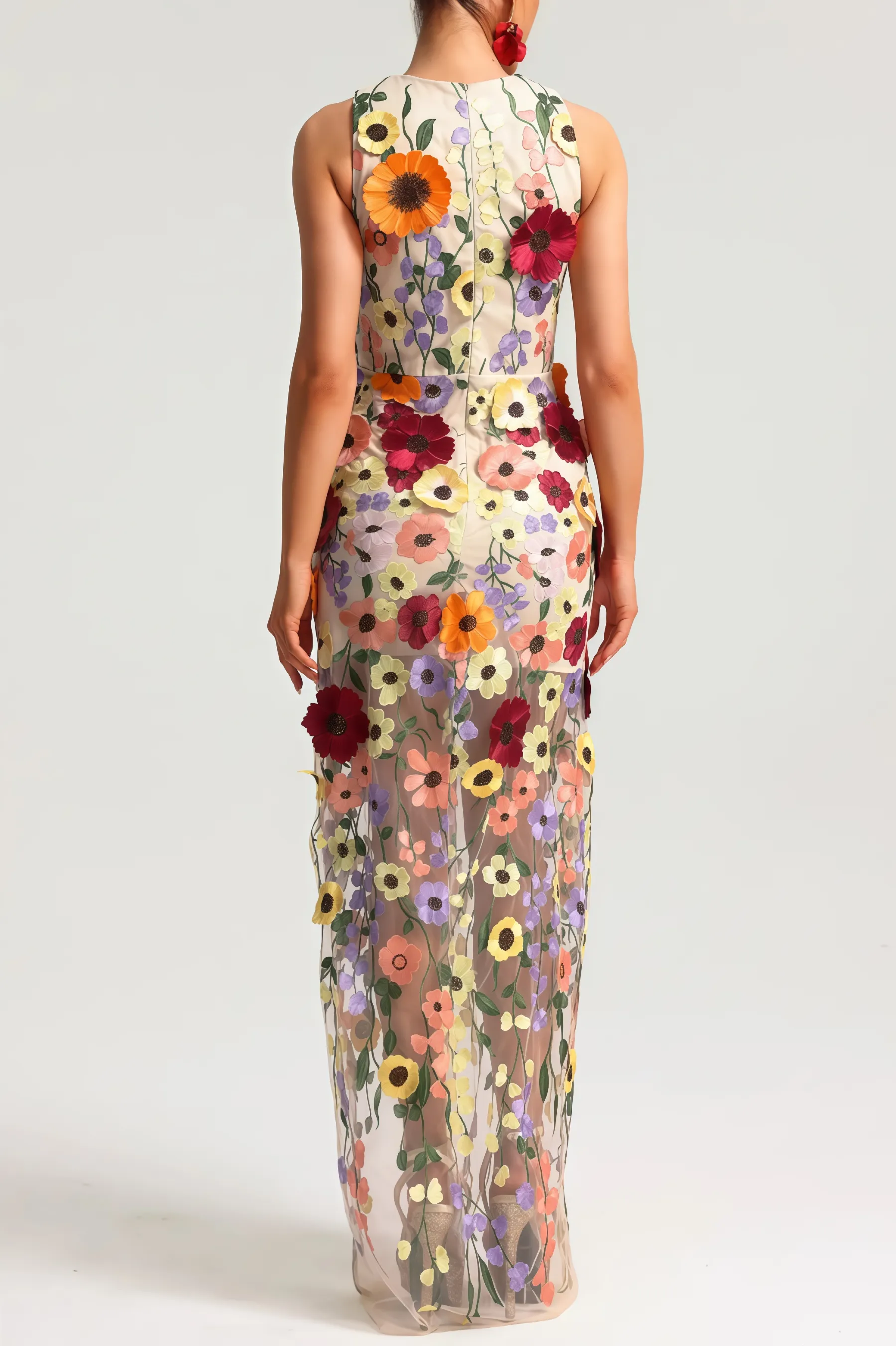 Hella Sleeveless Embroidery Flowers Maxi Dress