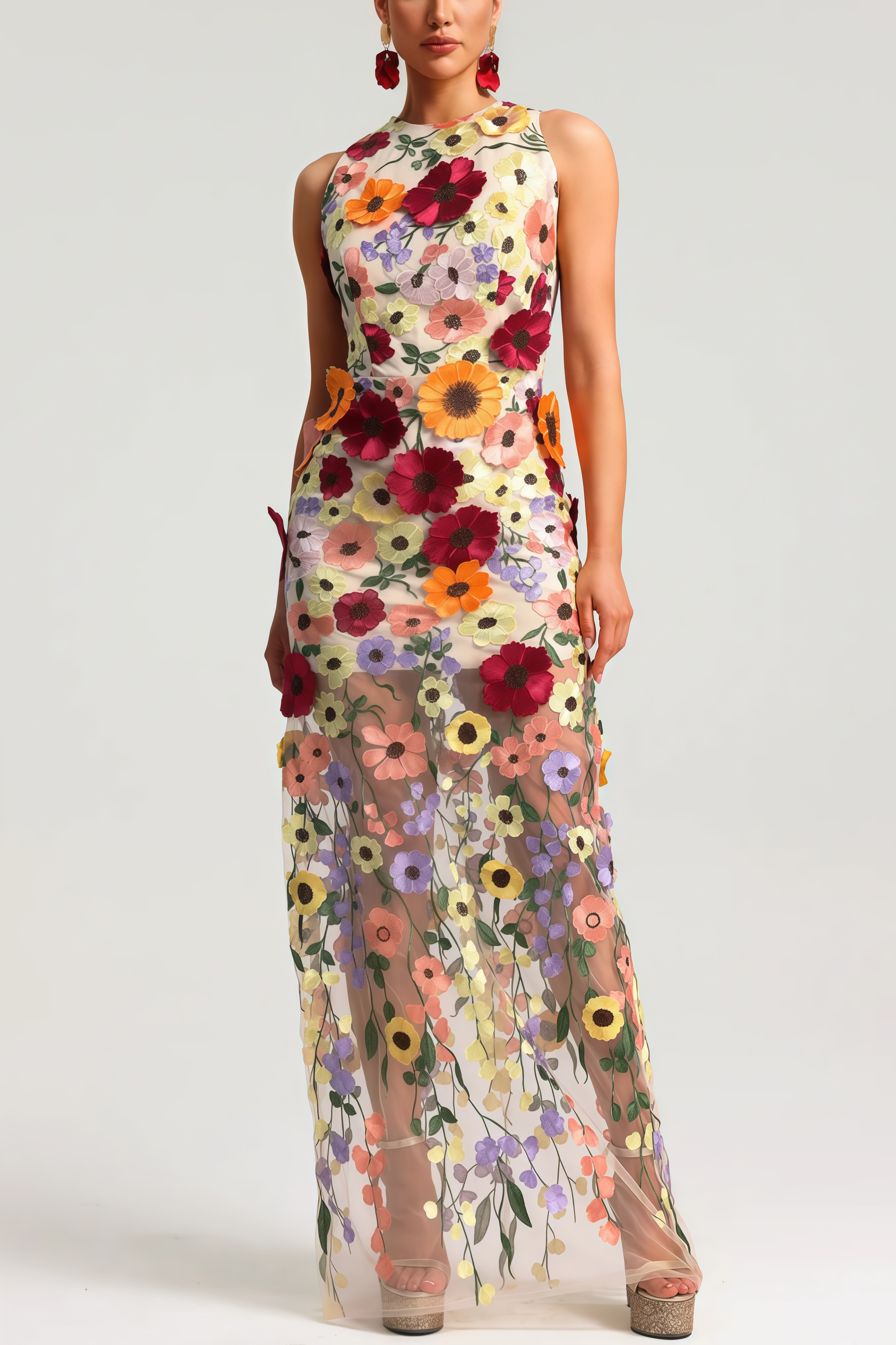 Hella Sleeveless Embroidery Flowers Maxi Dress