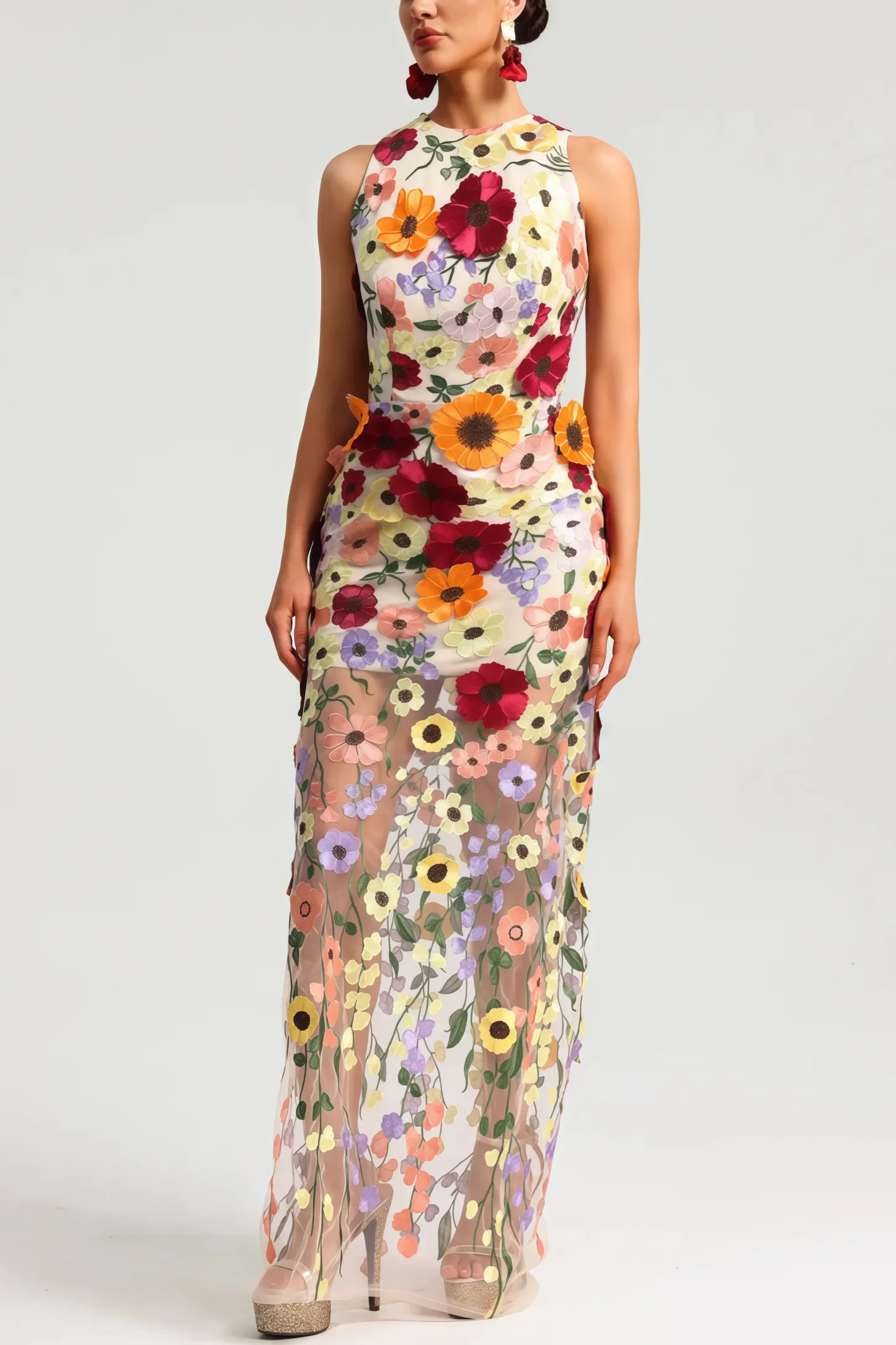 Hella Sleeveless Embroidery Flowers Maxi Dress