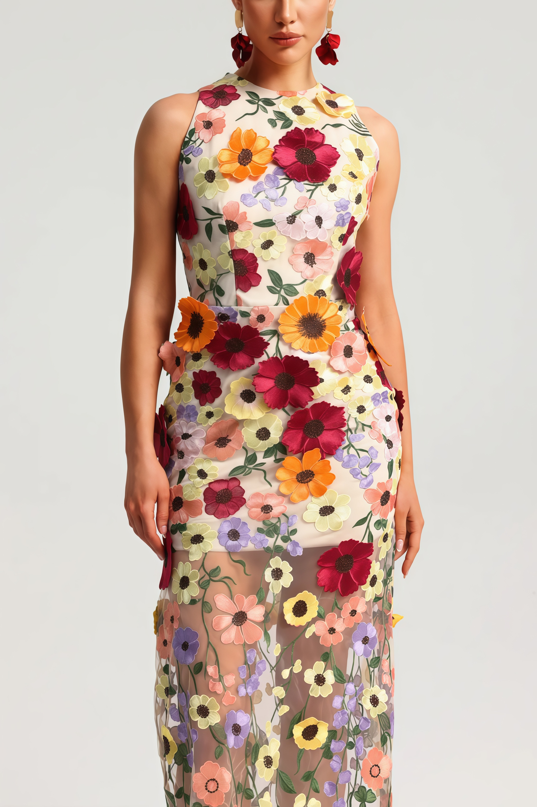 Hella Sleeveless Embroidery Flowers Maxi Dress