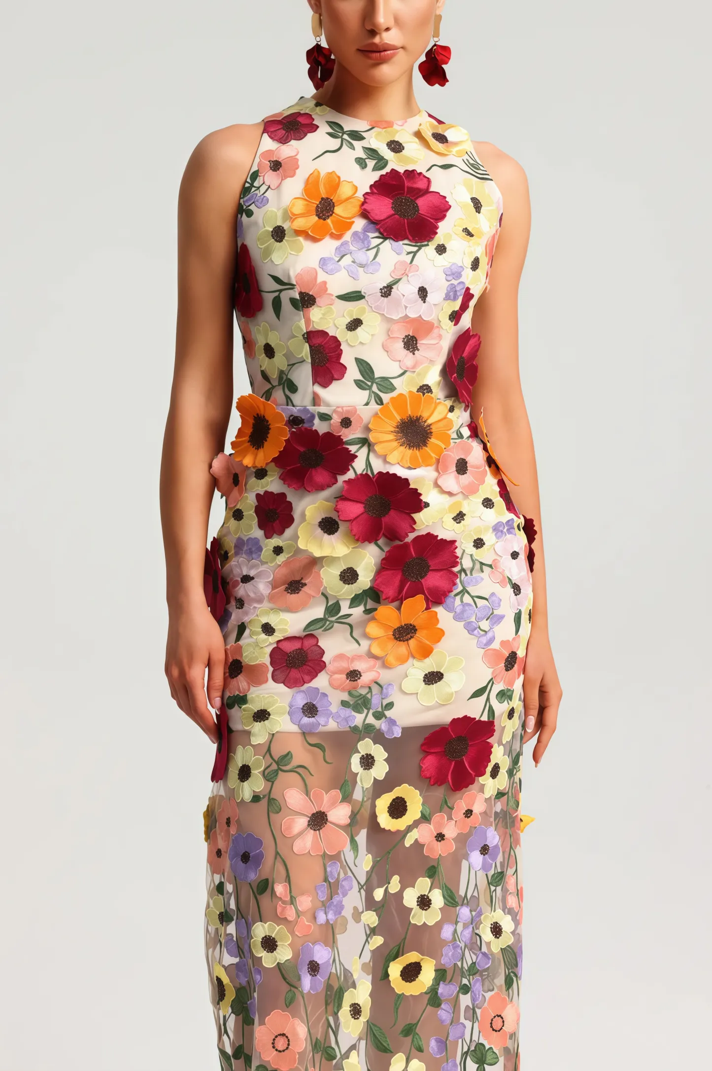 Hella Sleeveless Embroidery Flowers Maxi Dress