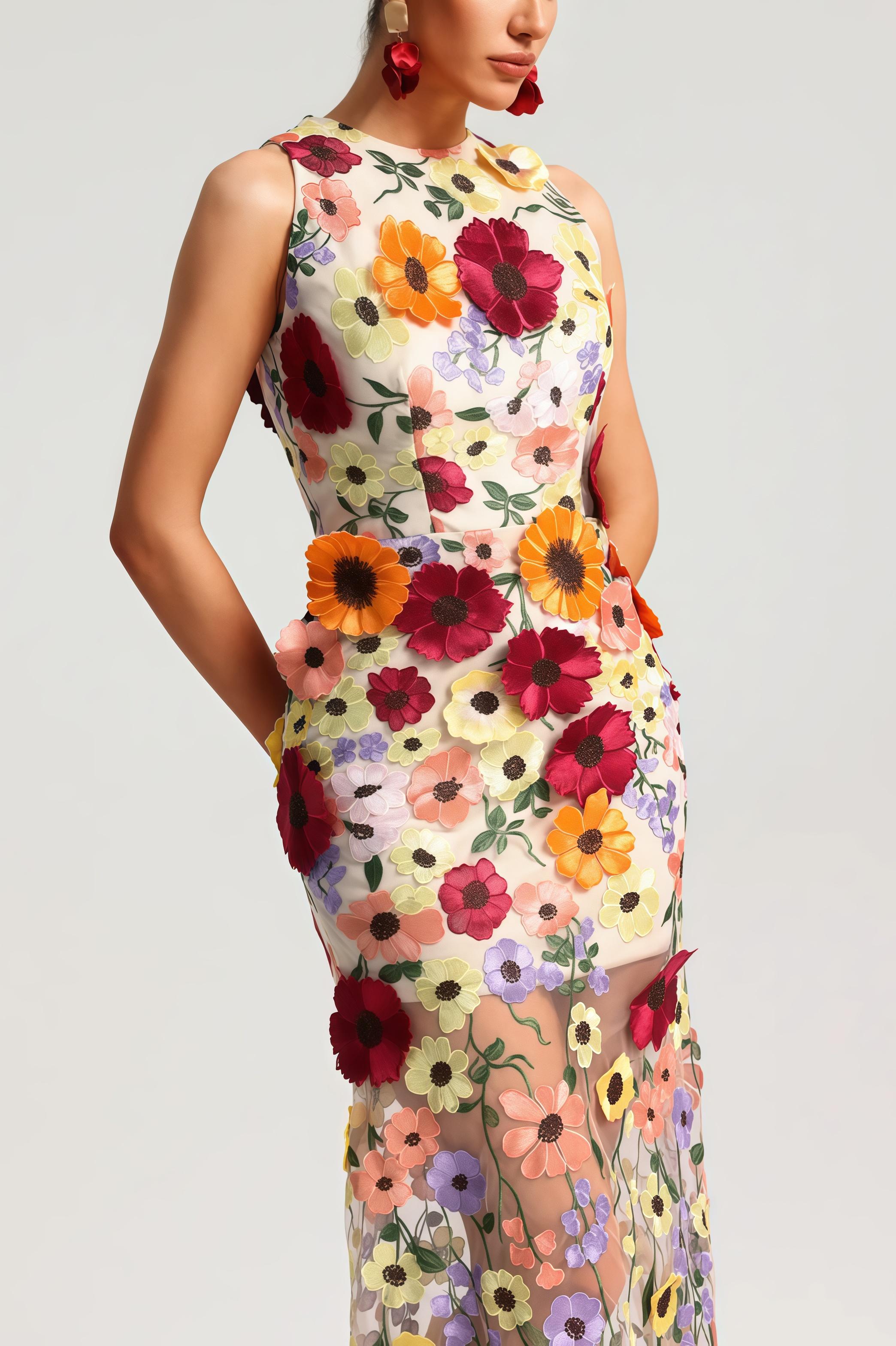 Hella Sleeveless Embroidery Flowers Maxi Dress