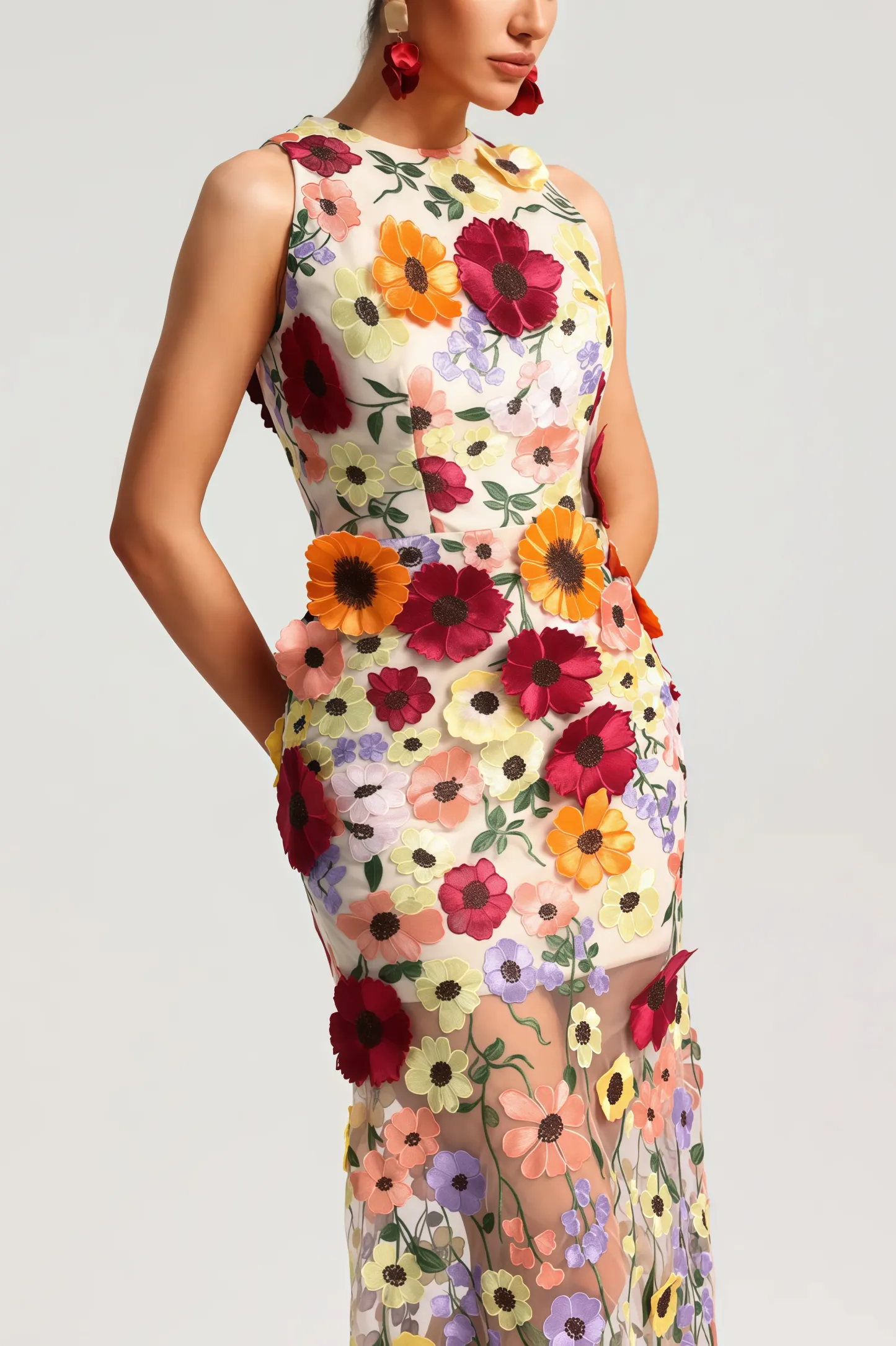 Hella Sleeveless Embroidery Flowers Maxi Dress