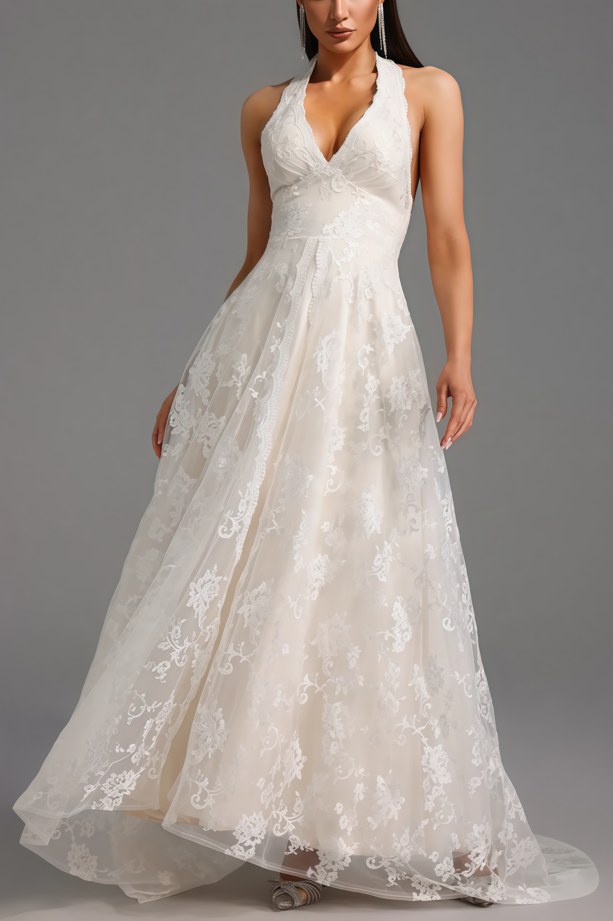 Albine Halter Sleeveless V-Neck Lace Maxi Dress