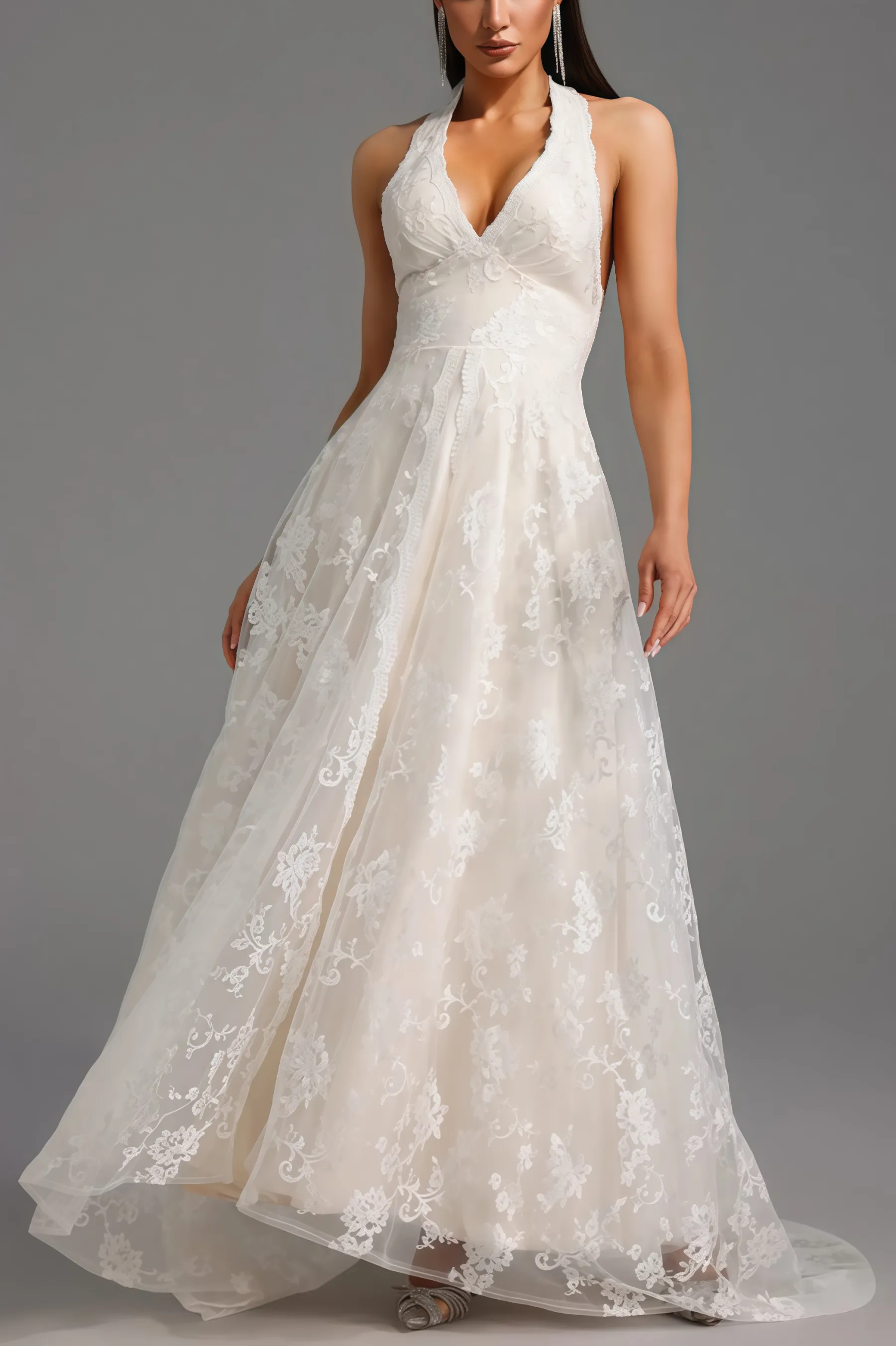 Albine Halter Sleeveless V-Neck Lace Maxi Dress
